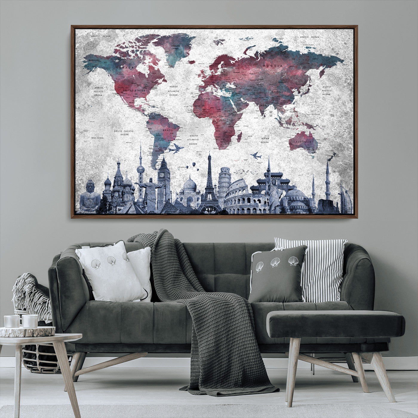 MGV-FC-36X24 - Push Pin World Map Canvas Print – Framed Wall Art for Couples to Track Their Travels – Anniversary