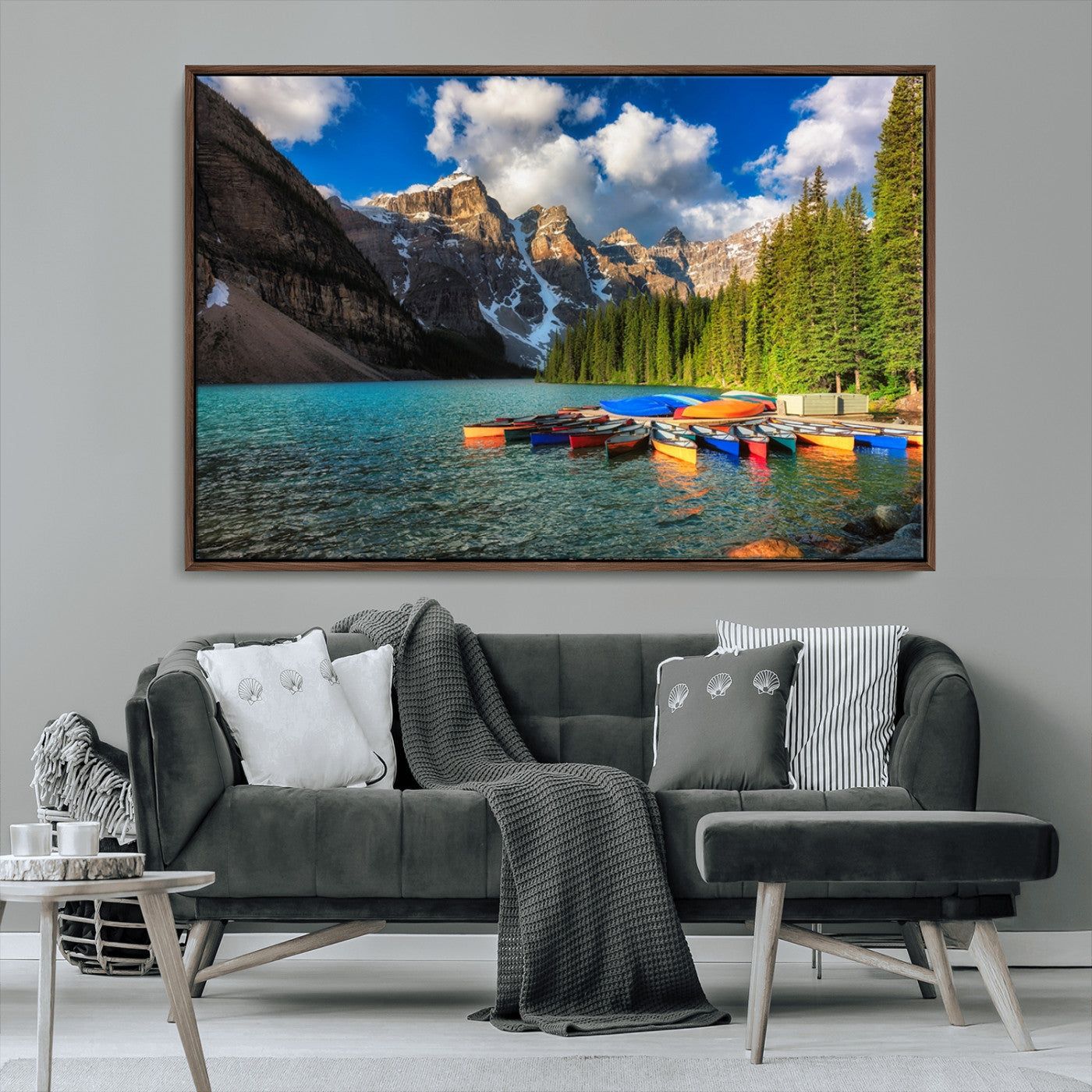 MGV-FC-36X24 - Moraine Lake 3-Panel Wall Art, Majestic Mountain and Lake Landscape Canvas Print Canoes on Moraine