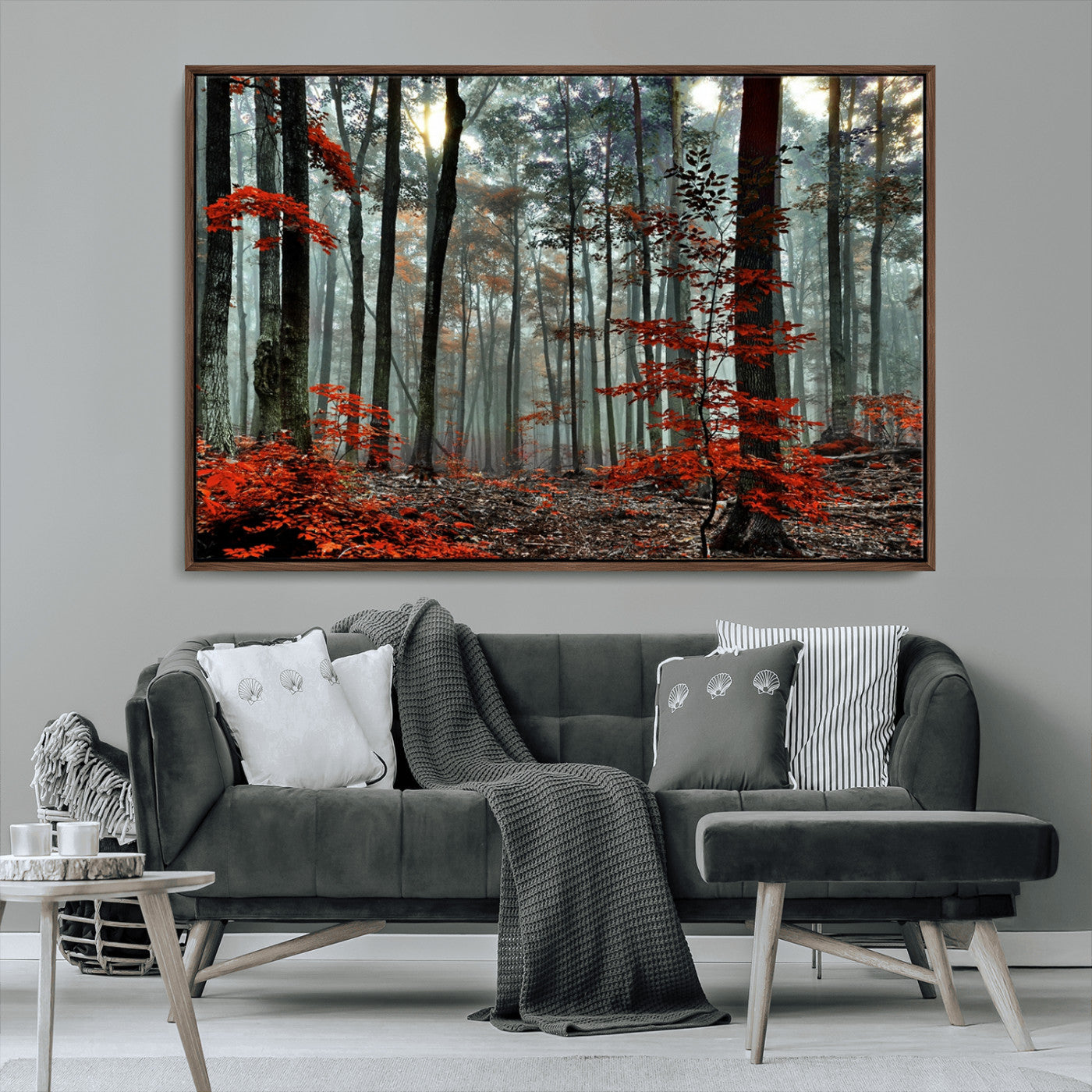 MGV-FC-36X24 - Autumn Forest Canvas Wall Art – Enchanting Red Leaves Triptych Print – Nature-Inspired Decor for