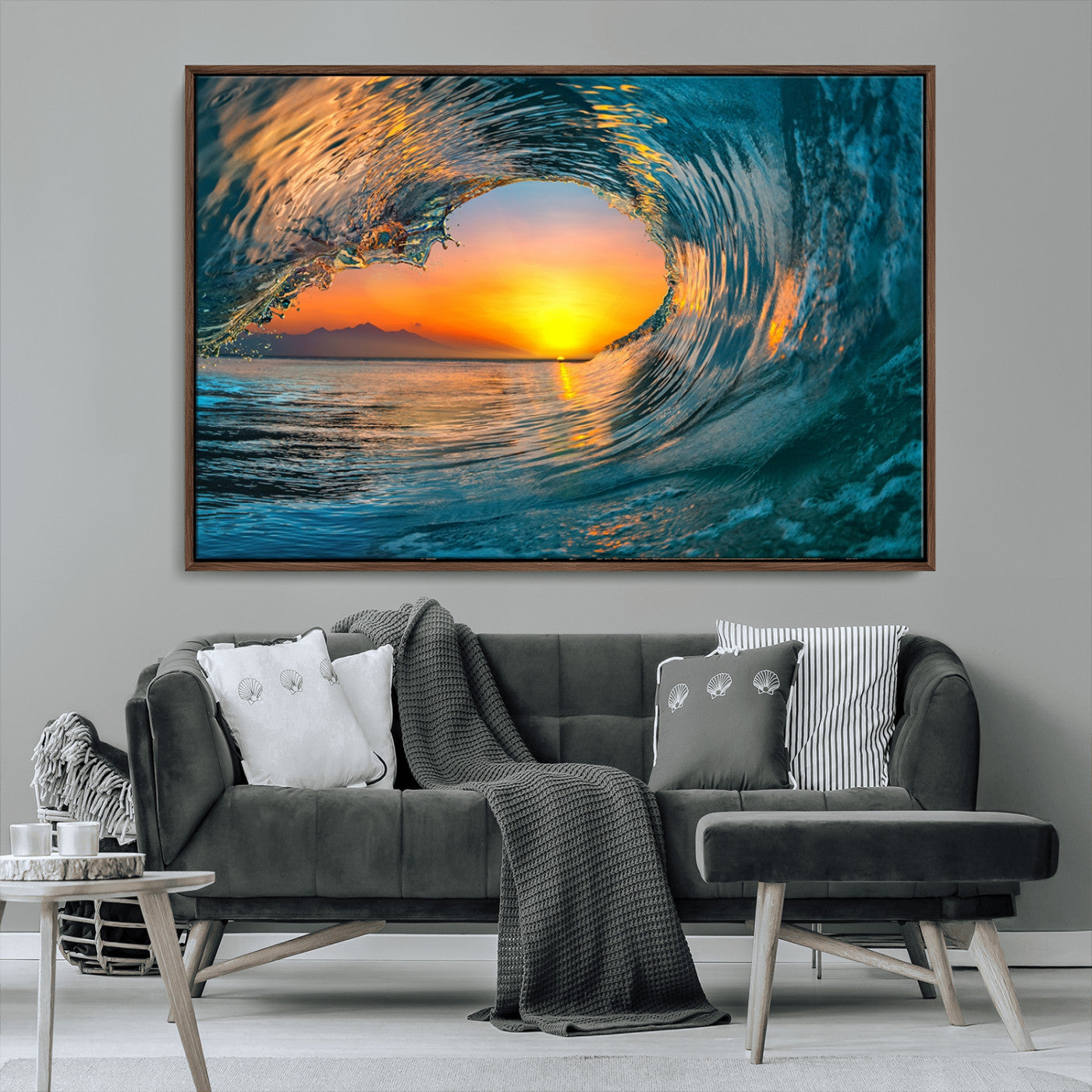 MGV-FC-36X24 - Ocean Wave Sunset Wall Art | Large Coastal Wave Canvas Print | 3-Panel Ocean Sunset Seascape for