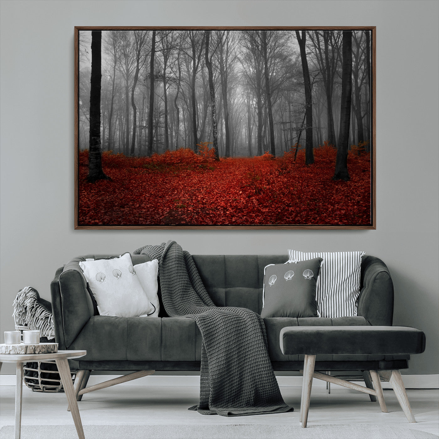 MGV-FC-36X24 - Red Forest Floor Canvas Wall Art – Mystical Foggy Woodland Triptych – Nature-Inspired Decor for