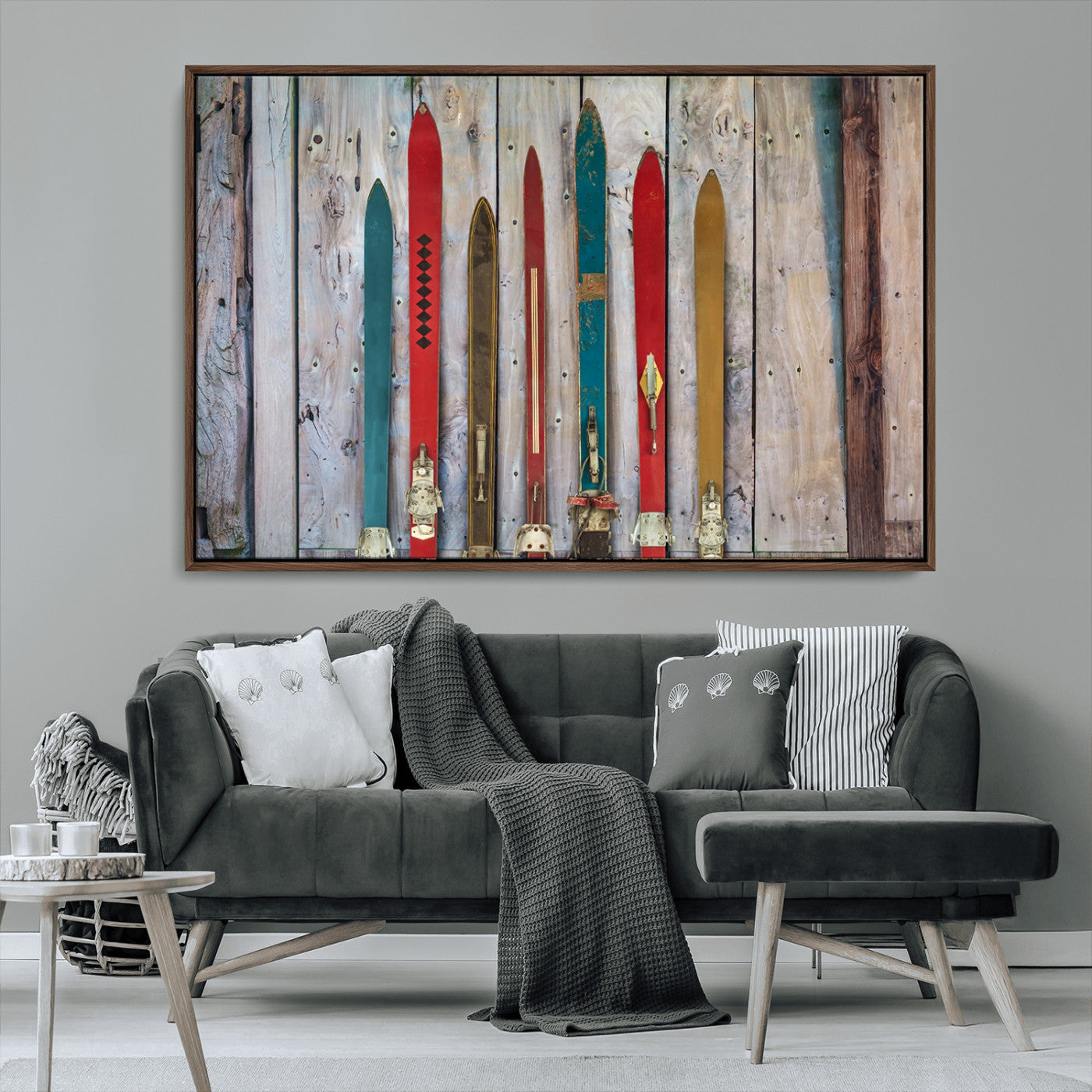 MGV-FC-36X24 - Vintage Wooden Weathered Ski's in Front of an Old Barn Wall Art Canvas Print for Farmhouse, Cabin