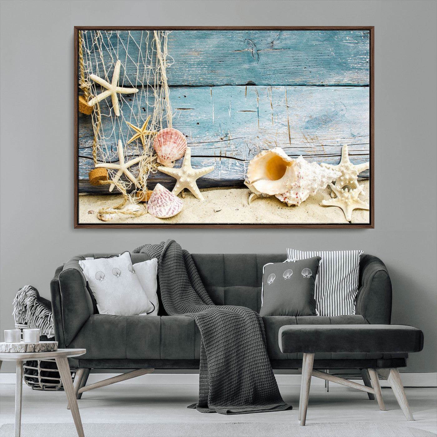 MGV-FC-36X24 - Seashells on Rustic Wooden Background, Seashells Wall Art Canvas Print
