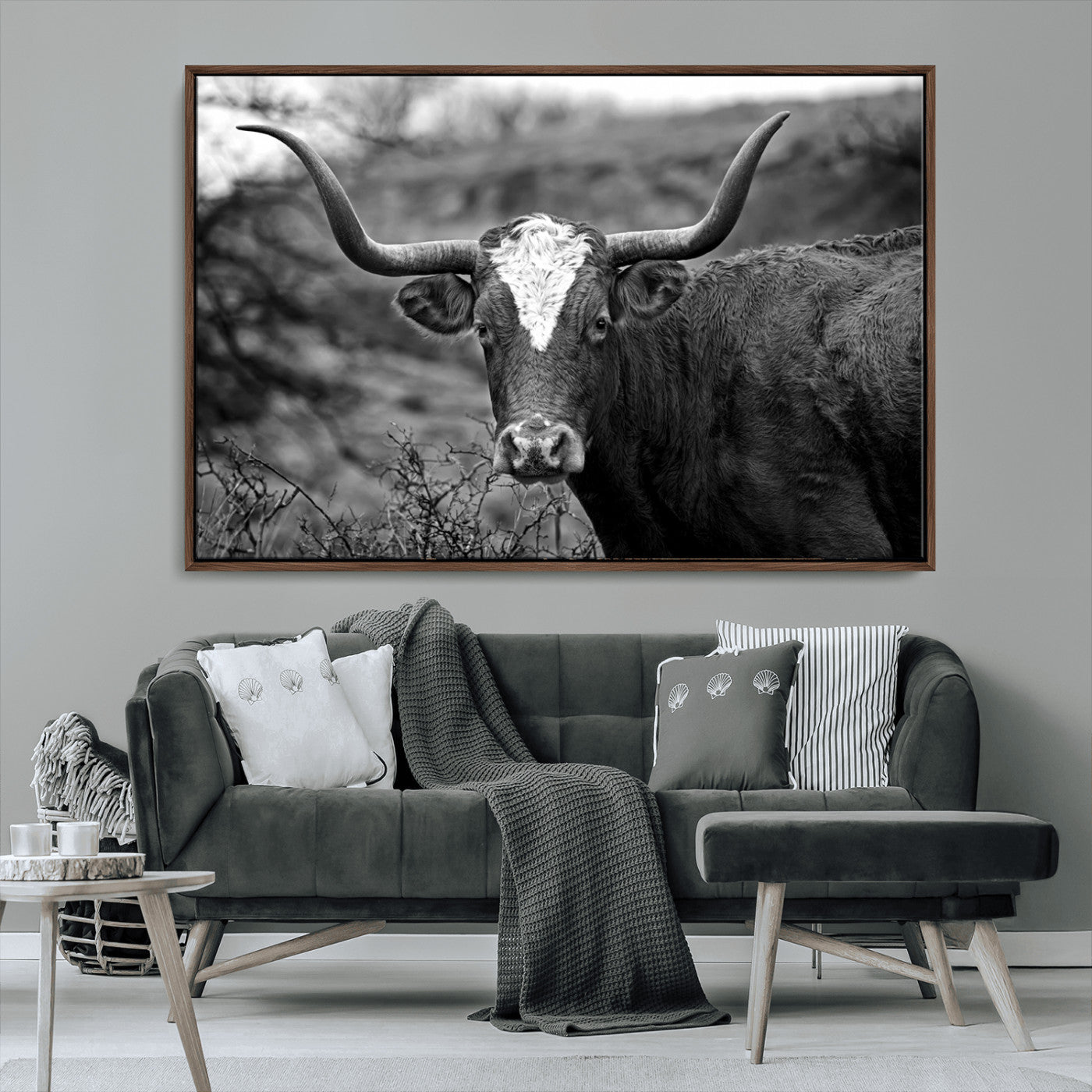 MGV-FC-36X24 - Western Home Wall Art Canvas Print, Framed Texas Longhorn Art Picture Print, Rustic Cow Perfect Rustic Farmhouse Decor Artwork