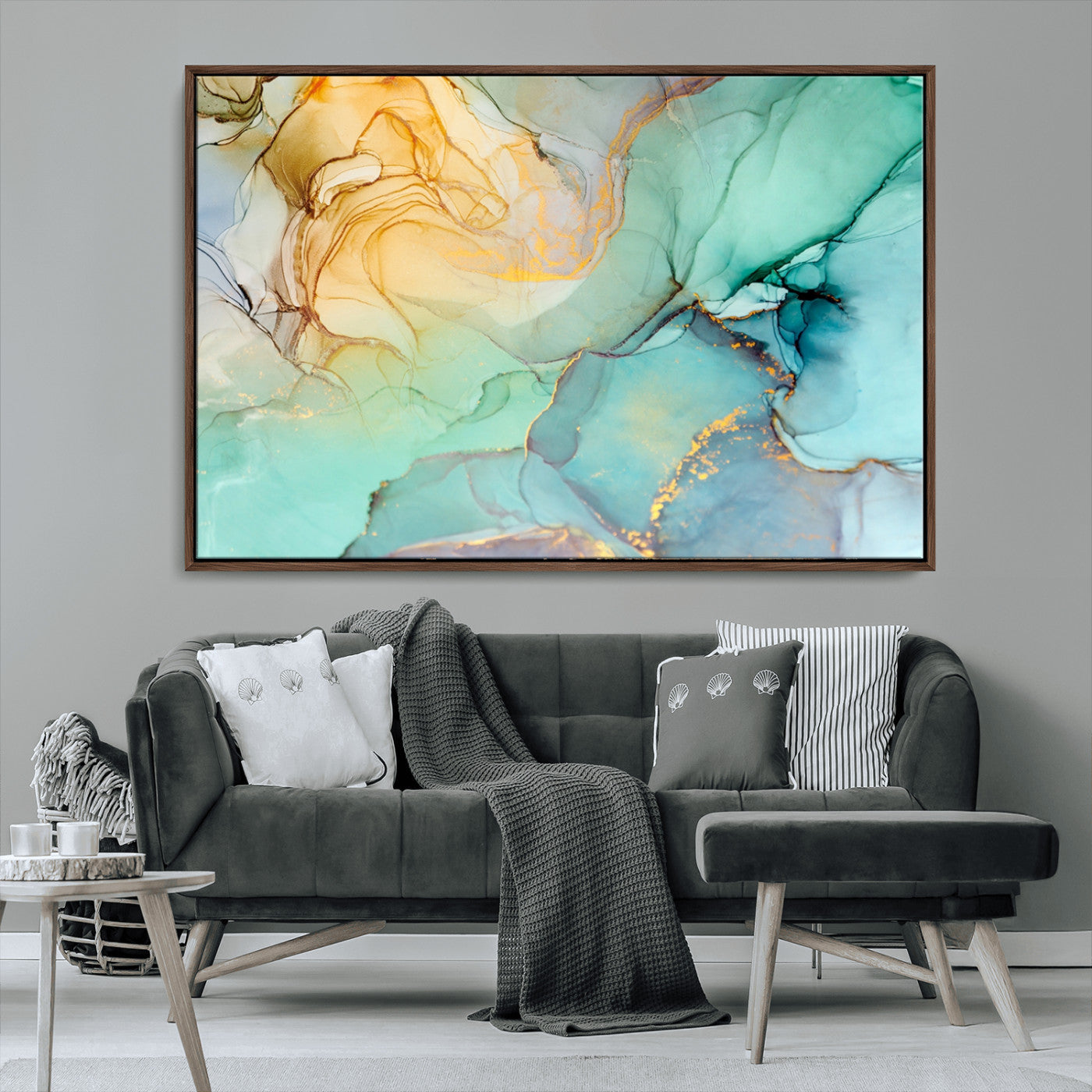 MGV-FC-36X24 - Abstract Aqua and Gold Fluid Wall Art Canvas | 3 Panel Large Canvas Print for Living Room, Office,