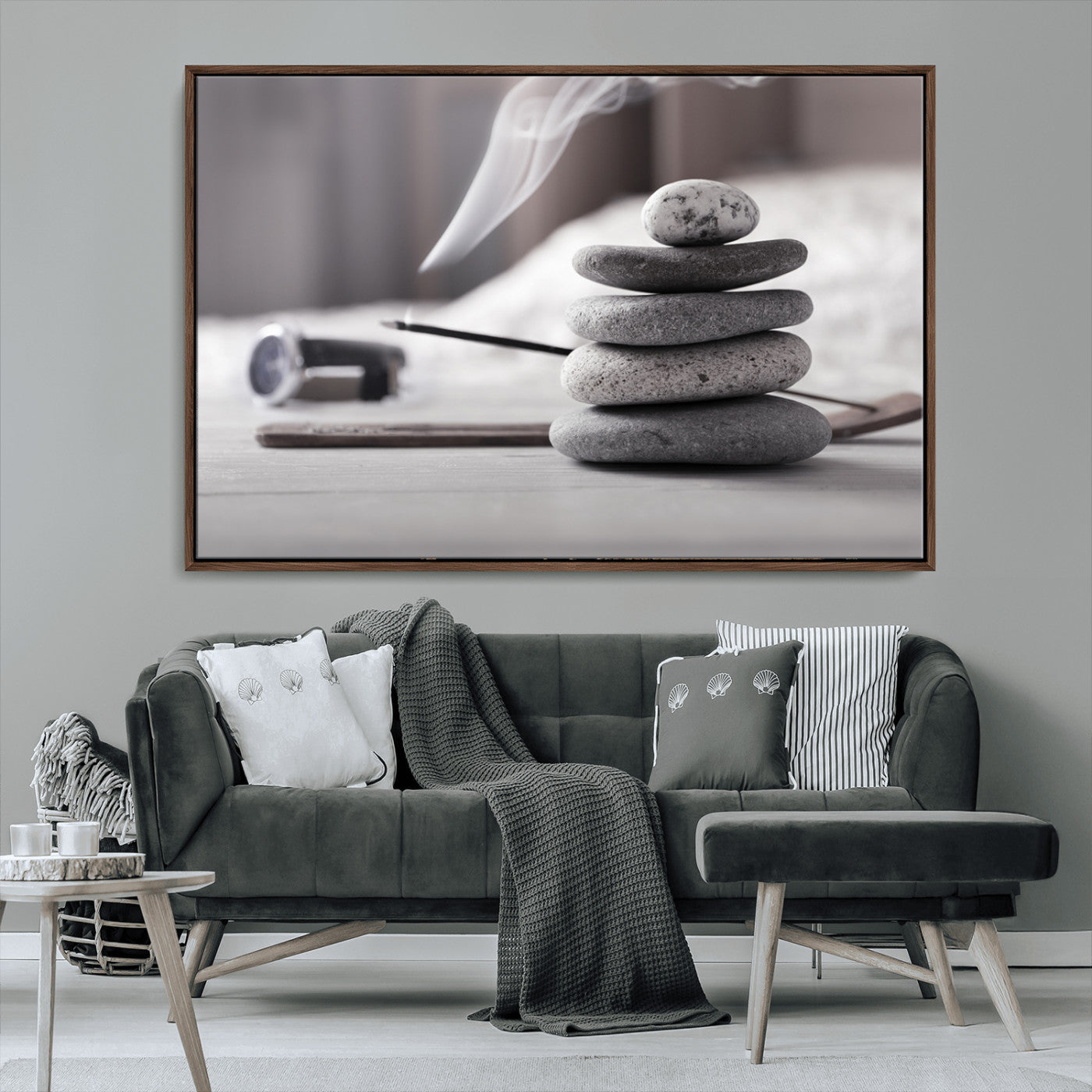 MGV-FC-36X24 - Burning Incense and Zen Stones Buddhism Wall Art, Zen Stones Wall Art Canvas Print