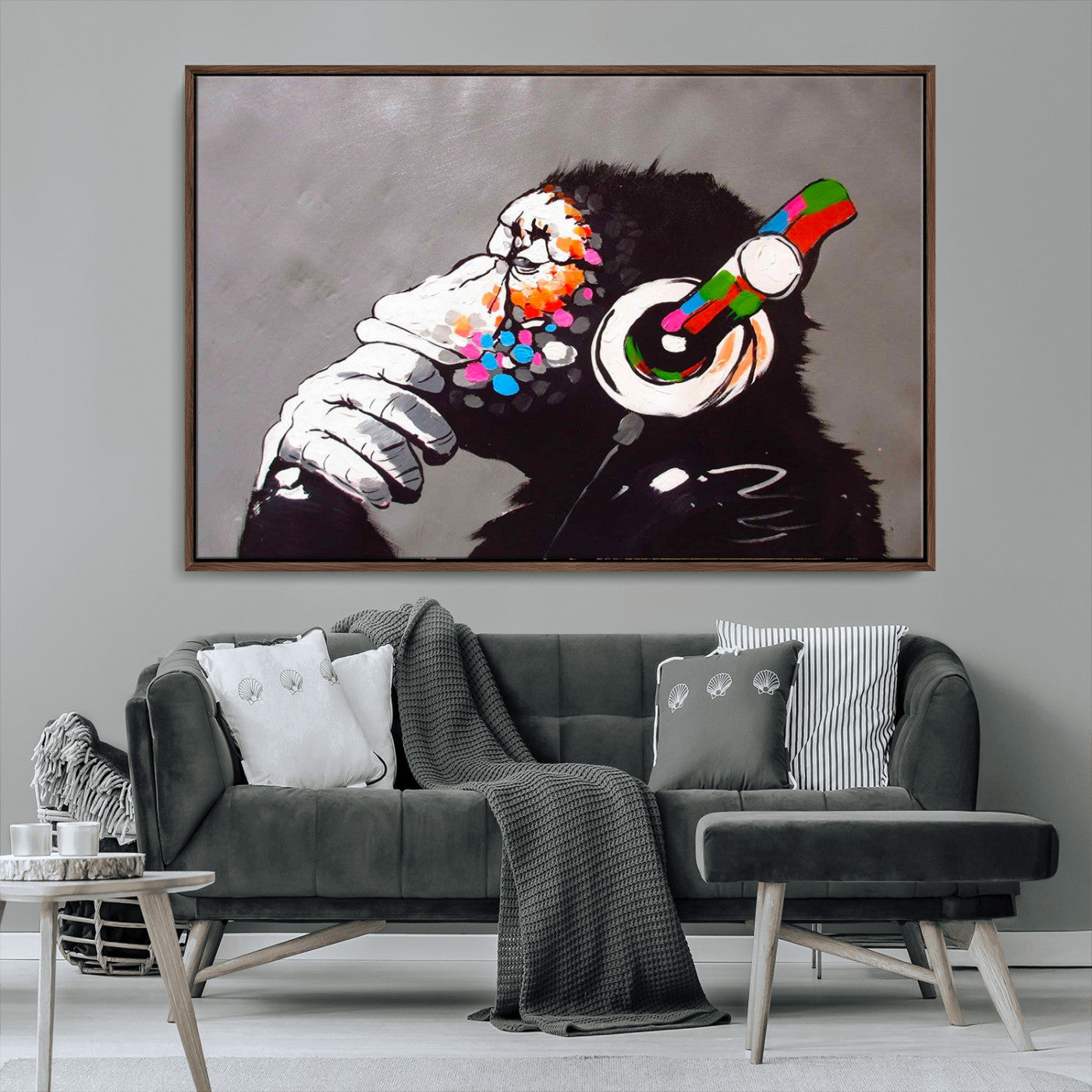 MGV-FC-36X24 - Dj Monkey Listening to Music Wall Art Print | Banksy Monkey Large Canvas Print for Living Room,