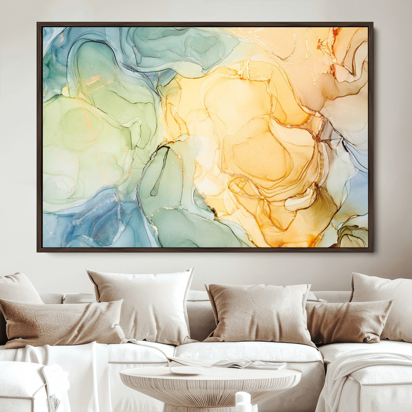 42195-MGV-CV-36X24-Green and Yellow Marble Fluid Effect Wall Art, Green and Yellow Marble Canvas Wall Art Print