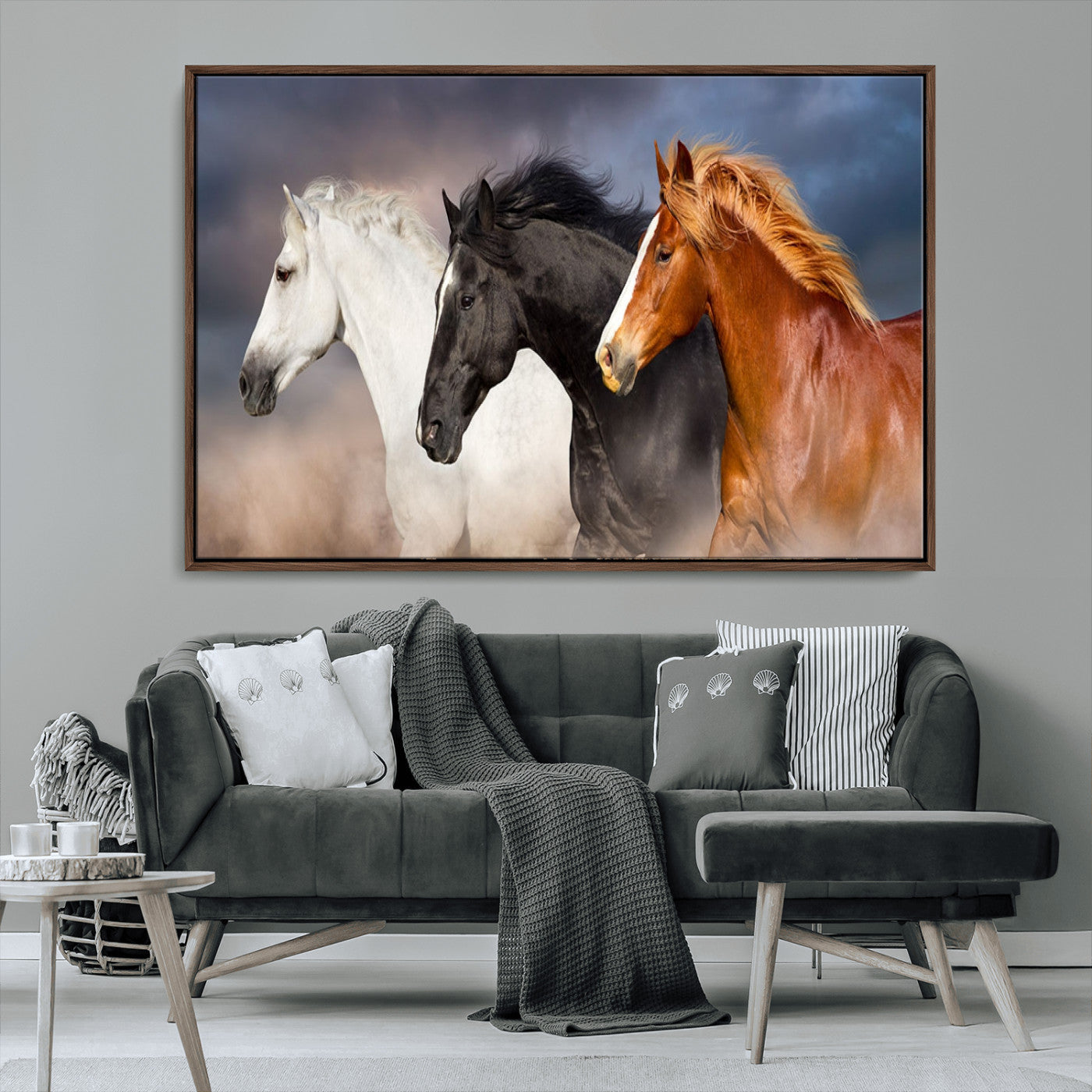 MGV-FC-36X24 - Animal Wall Art Three Horses Farmhouse Art Canvas, Framed Three Horses Canvas Print