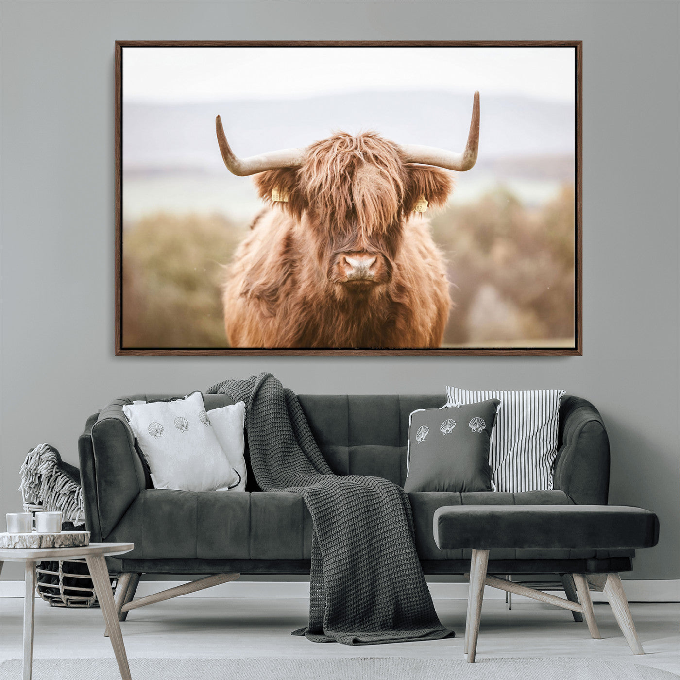 MGV-FC-36X24 - Scottish Serene Highland Cow Canvas Wall Art – Serene Highland Cow in Natural Pastel Tones – Ready