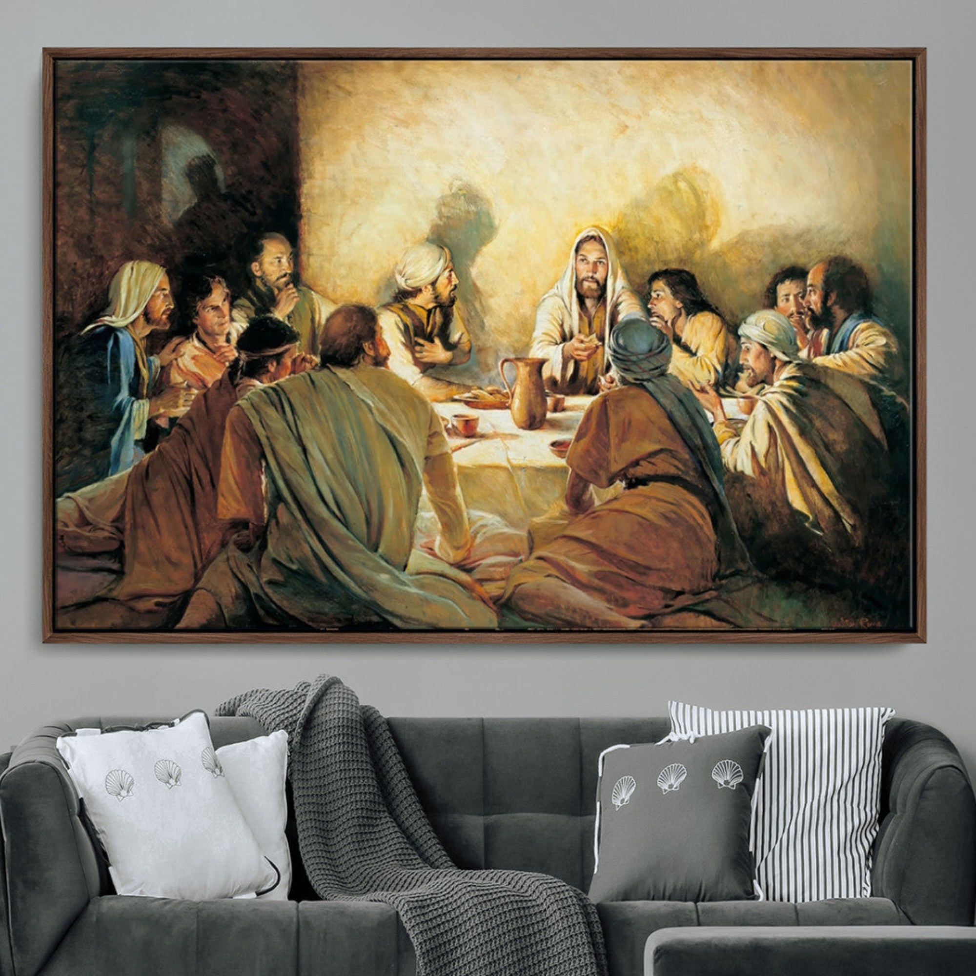Framed canvas print of the Last Supper, depicting Jesus and his disciples, perfect for religious or Christian-themed home decor.