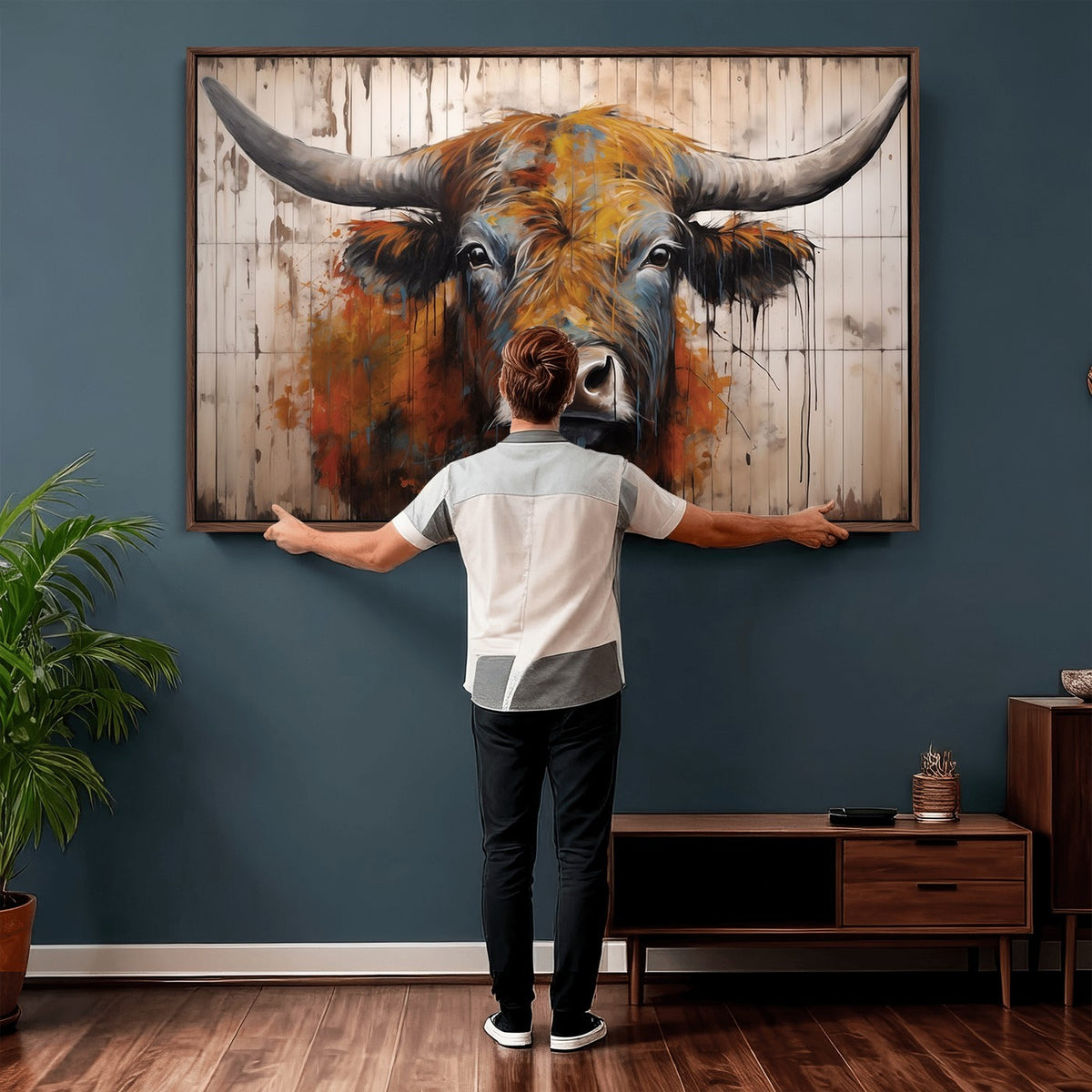 47284-MGV-CV-24X16 - Abstract Bull Highland Cow Canvas Wall Art Print