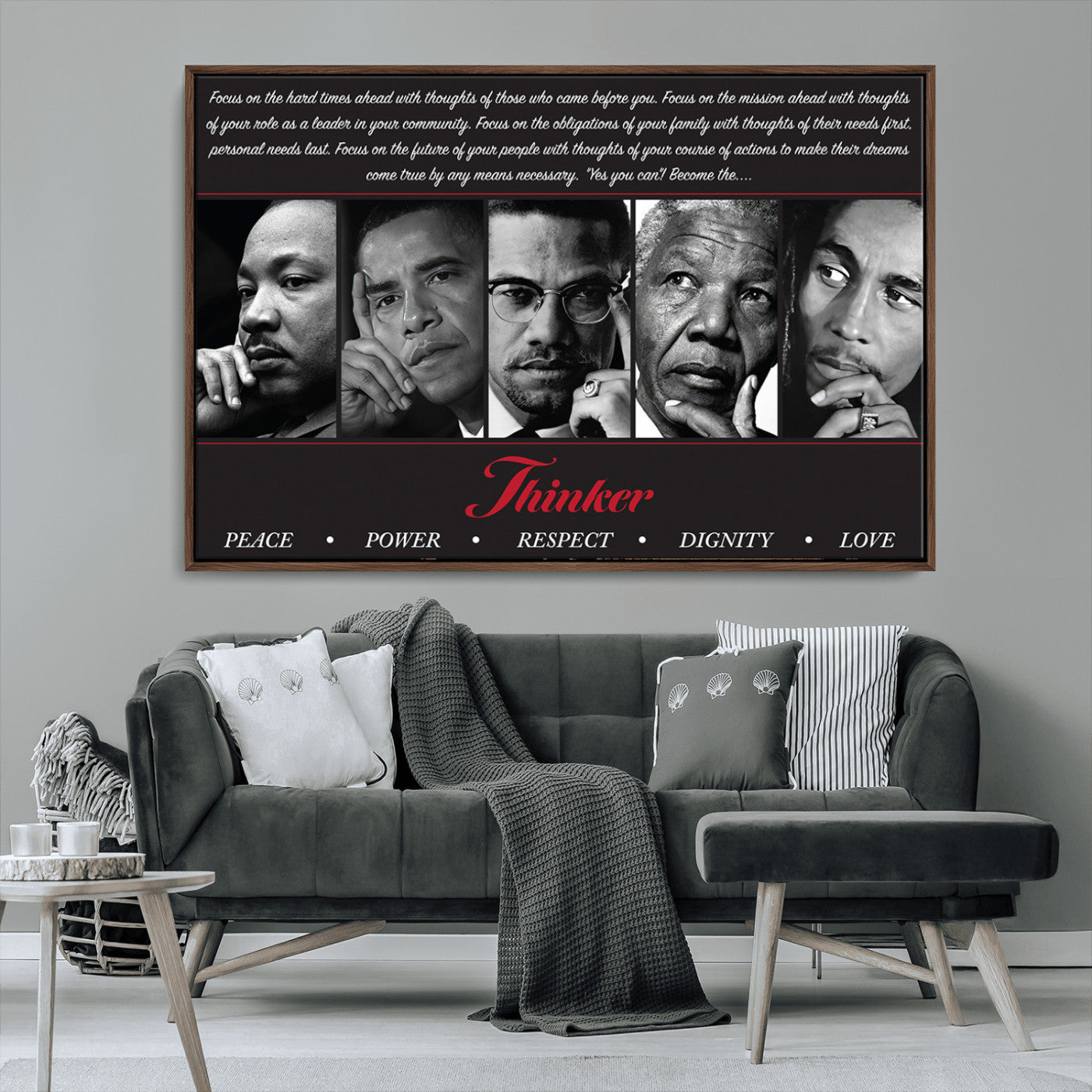 MGV-FC-36X24 - Thinker Quintet Canvas Wall Art – Martin, Obama, Malcolm X, Mandela, Marley Featuring Peace, Power,