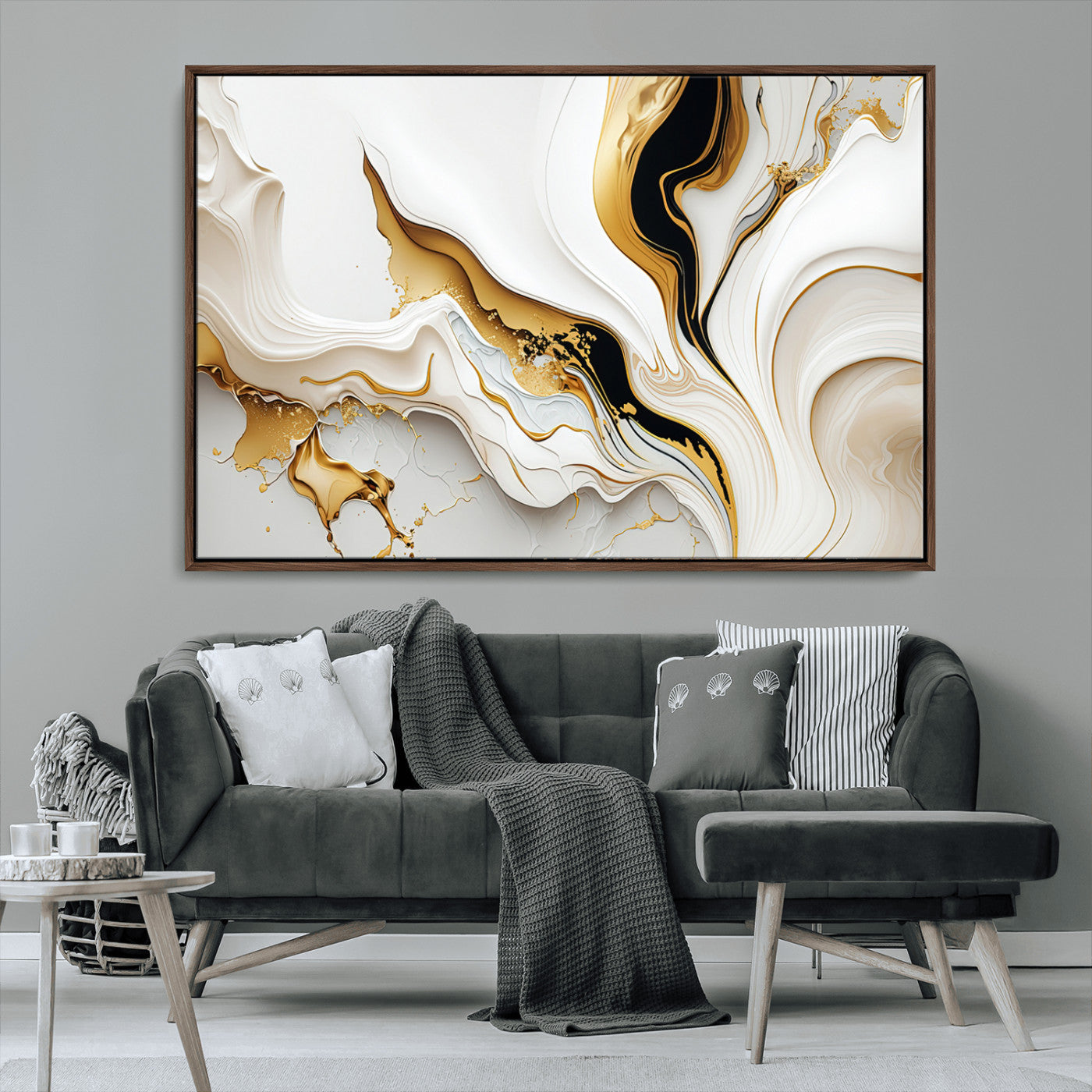 -Gold Waves on Pure White Canvas – Gold Abstract Art for Modern Interiors | Wall Art Canvas, Framed &