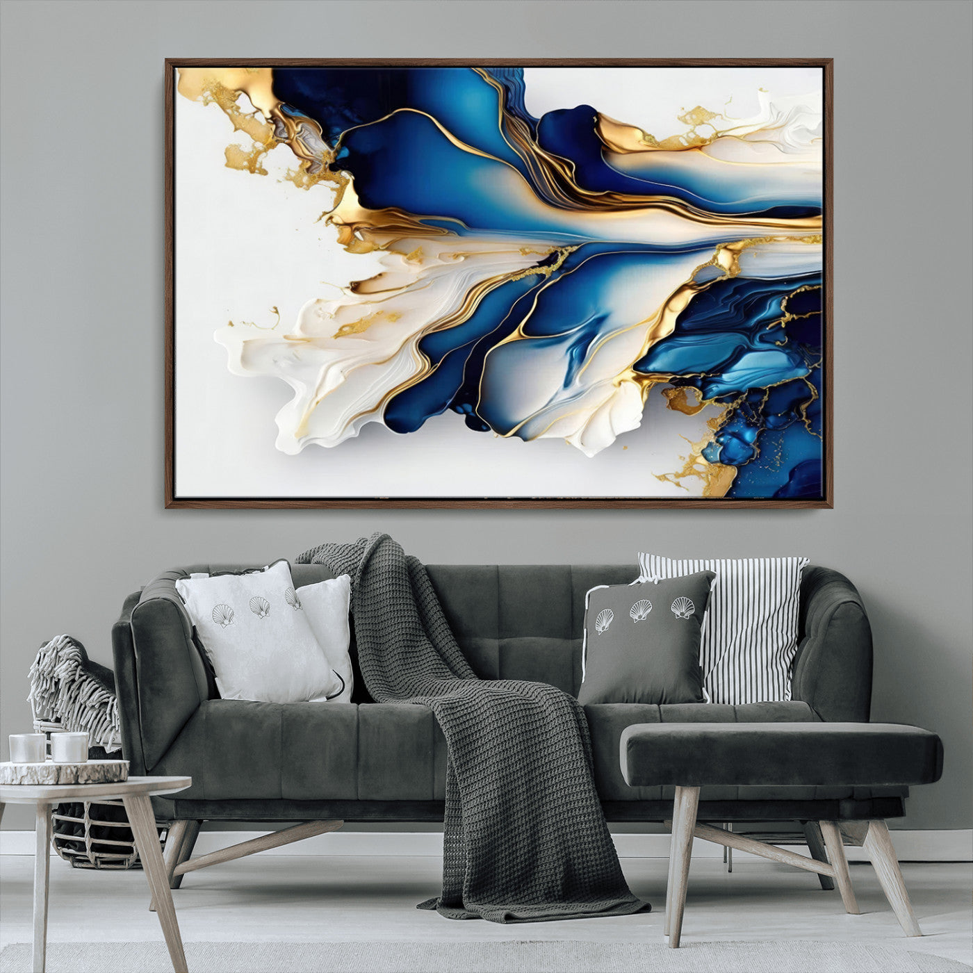 MGV-FC-36X24 - Gold Marble Art - Abstract Geode Gold And Blue Marble Shape 3 Pieces Wall Art Canvas Print