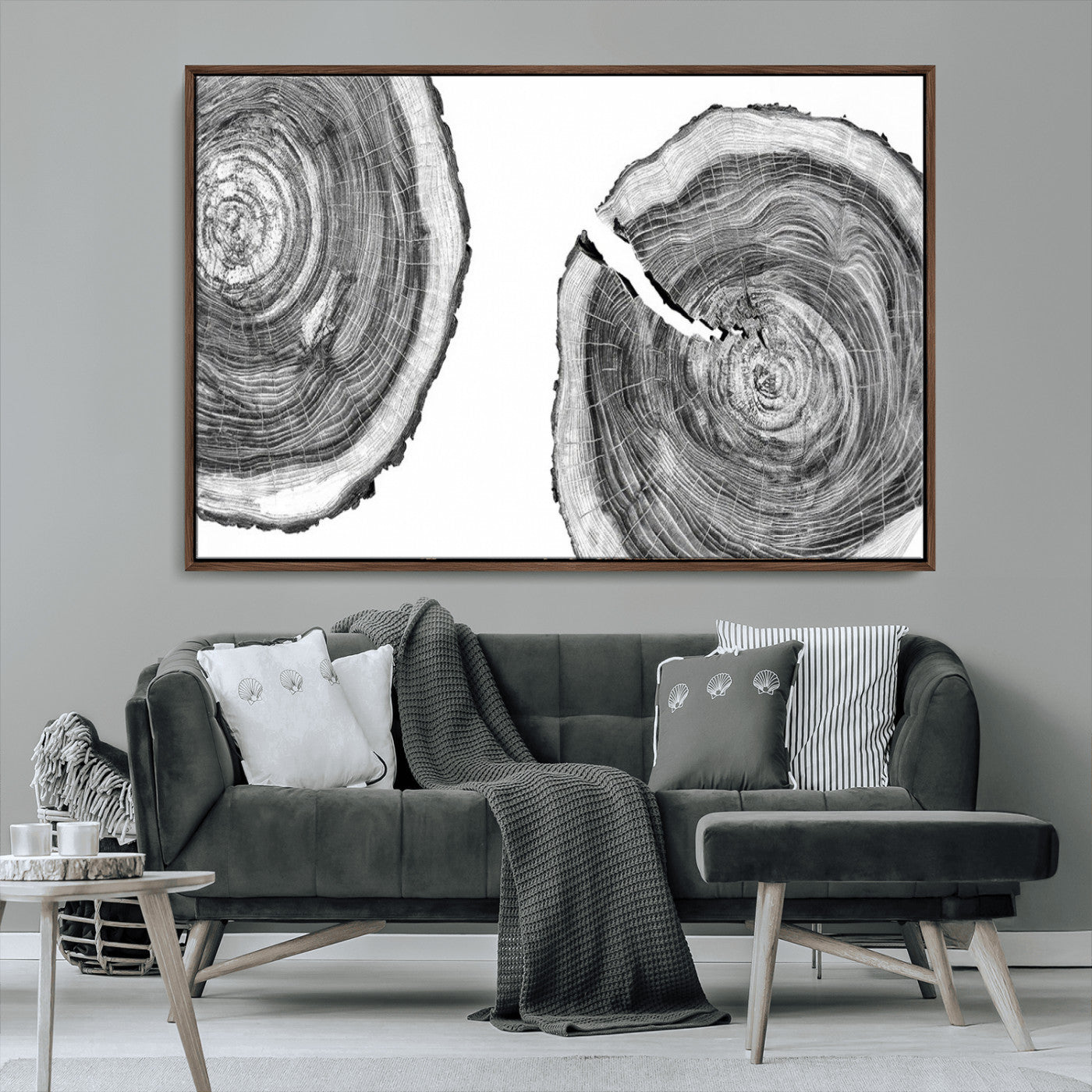 MGV-FC-36X24 - Modern Black and White Tree Rings Canvas Wall Art – Nature Inspired Wood Slice Print – Minimalist