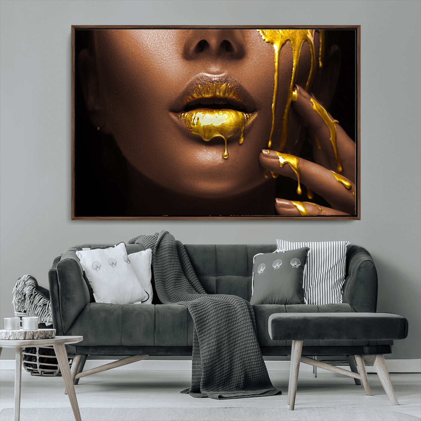 MGV-FC-36X24 - African American Art Black Woman Canvas Print, African Wall Art, Fashion African Woman Gold Lips