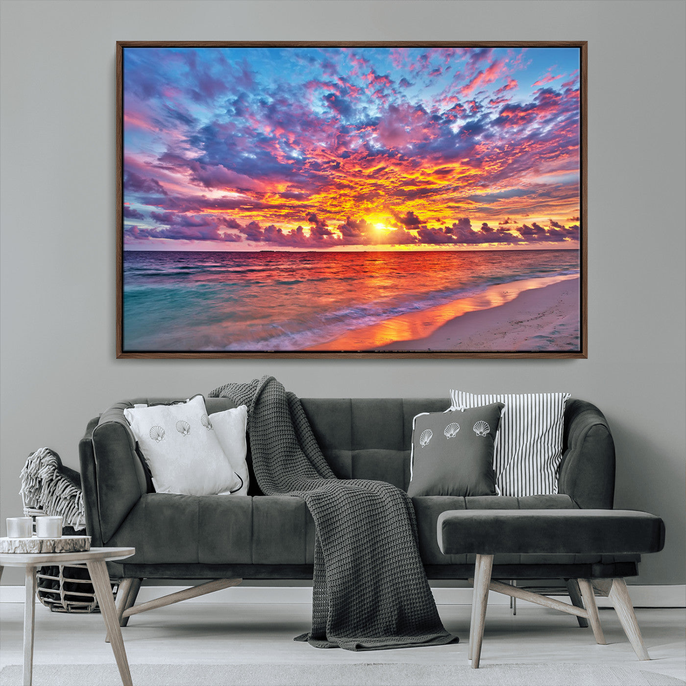 MGV-FC-36X24 - Vibrant Sunset Beach Wall Art - Ocean Sunset Canvas Print | Coastal Wall Art Decor Stunning Sunset