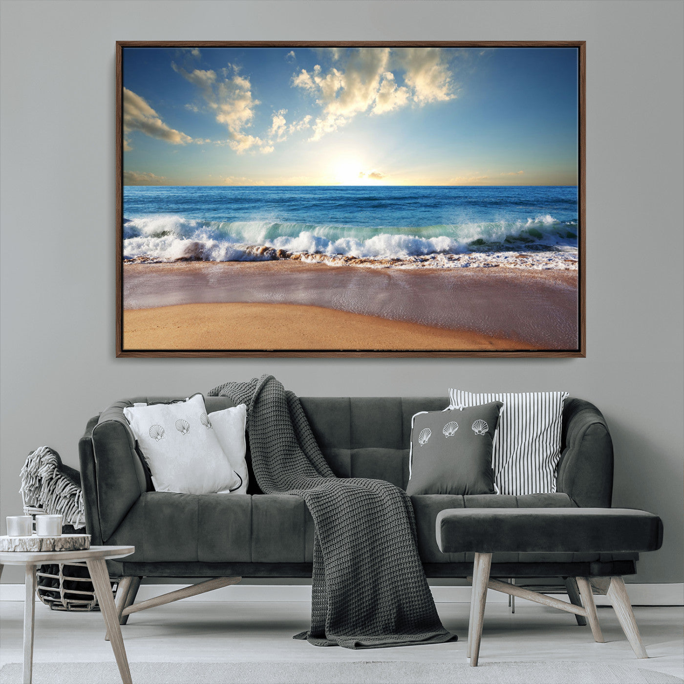 MGV-FC-36X24 - Serene Ocean Sunset Canvas Wall Art - Beach Waves at Sunset, Ready to Hang