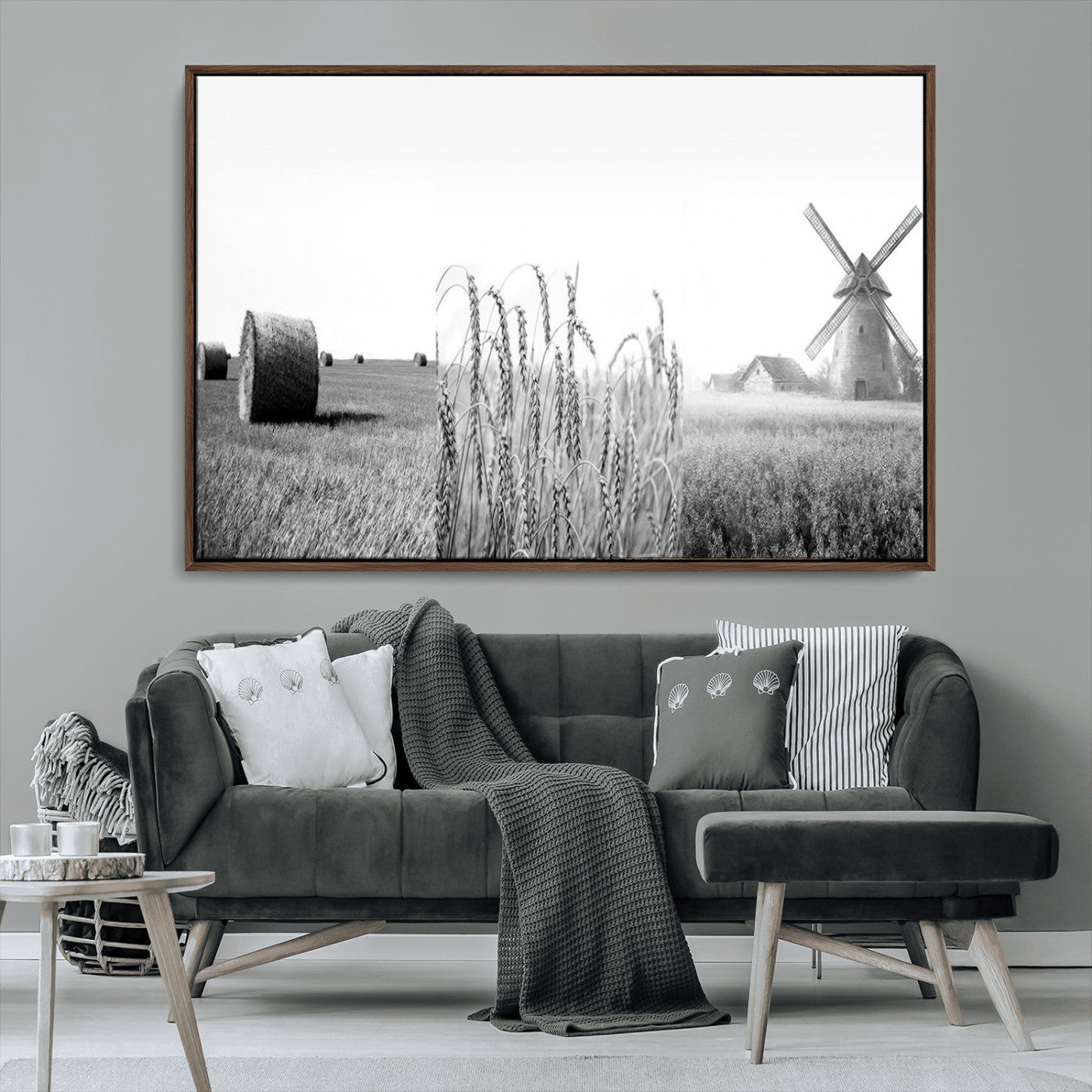 MGV-FC-36X24 - Vintage Farmhouse Black and White Triptych Wall Art – Giclee Canvas Featuring Wheat Fields, Hay