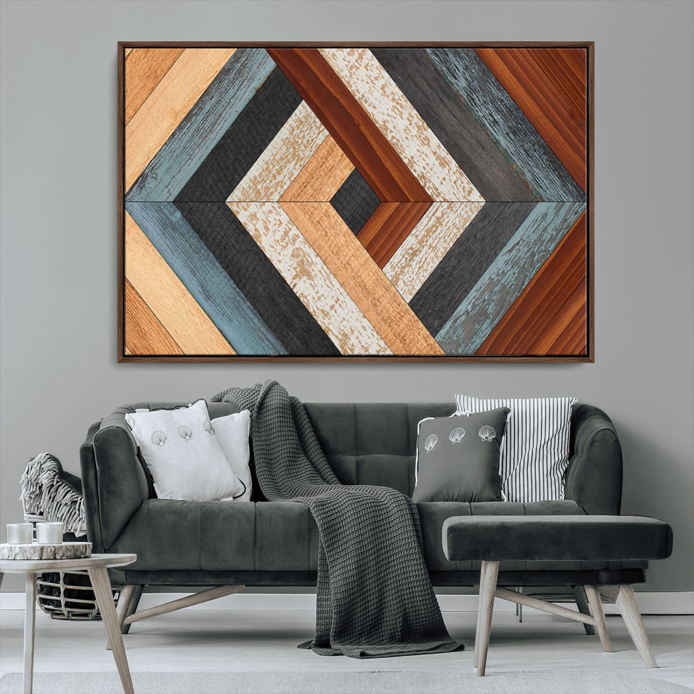 MGV-FC-36X24 - Geometric Wood Art Wall Decor Canvas Print, Rustic Wooden Pattern Triptych Wall Art for Living Room