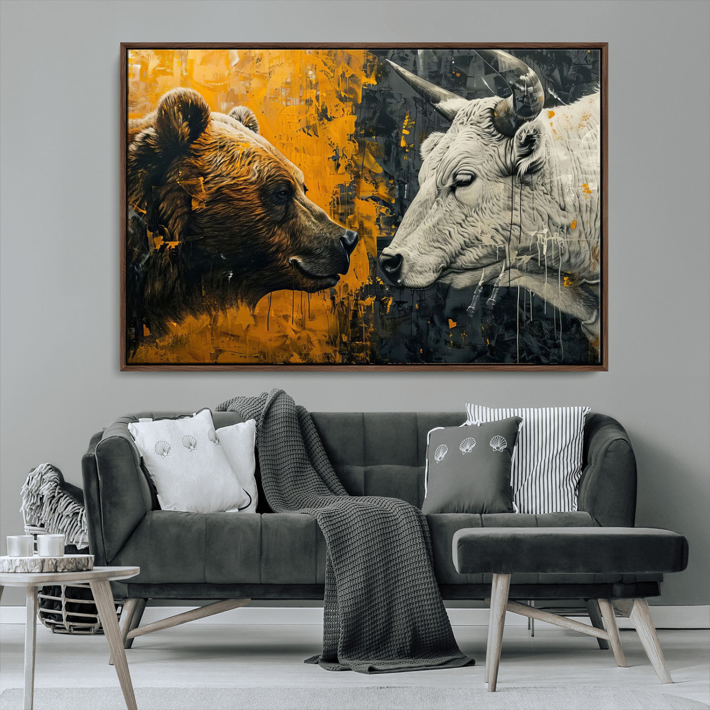 MGV-FC-36X24 - Bear and Bull Wall Art Canvas Print – Abstract Animal Portrait Painting for Modern Home Decor –