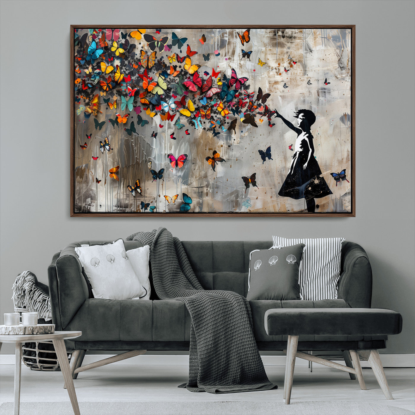 MGV-FC-36X24 - Banksy Wall Art - Banksy Girl and Butterfly Explosion Wall Art Canvas Print | Girl with Butterflies