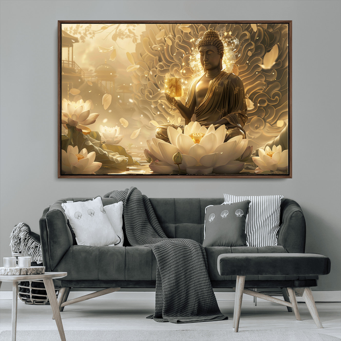 MGV-FC-36X24 - Golden Buddha Wall Art | Yoga Room Decor and Meditation Room Wall Art | Framed and Ready to Hang