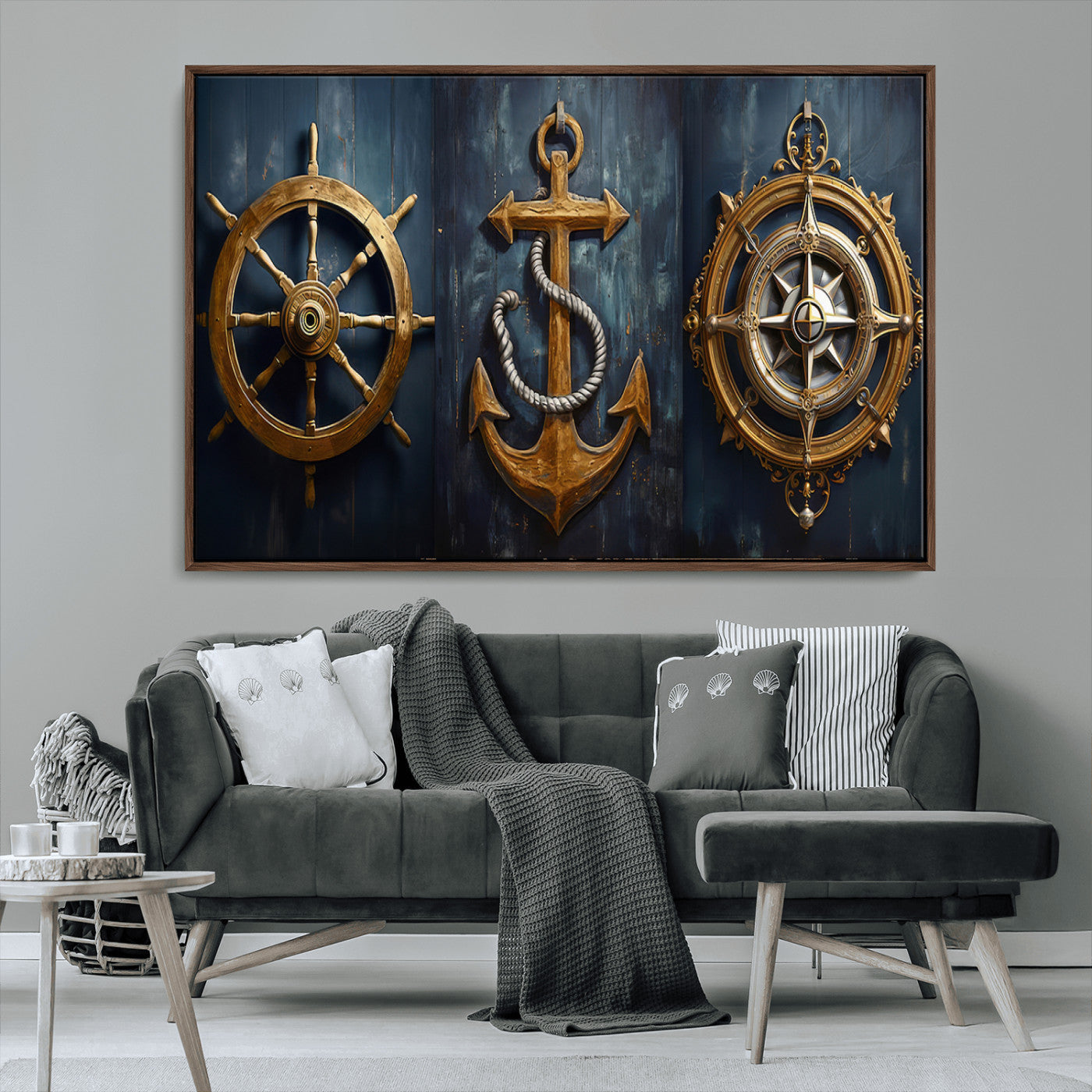 MGV-FC-36X24 - Boat Anchor Compass With Rope Wall Art Canvas Print | Beach House Wall Art