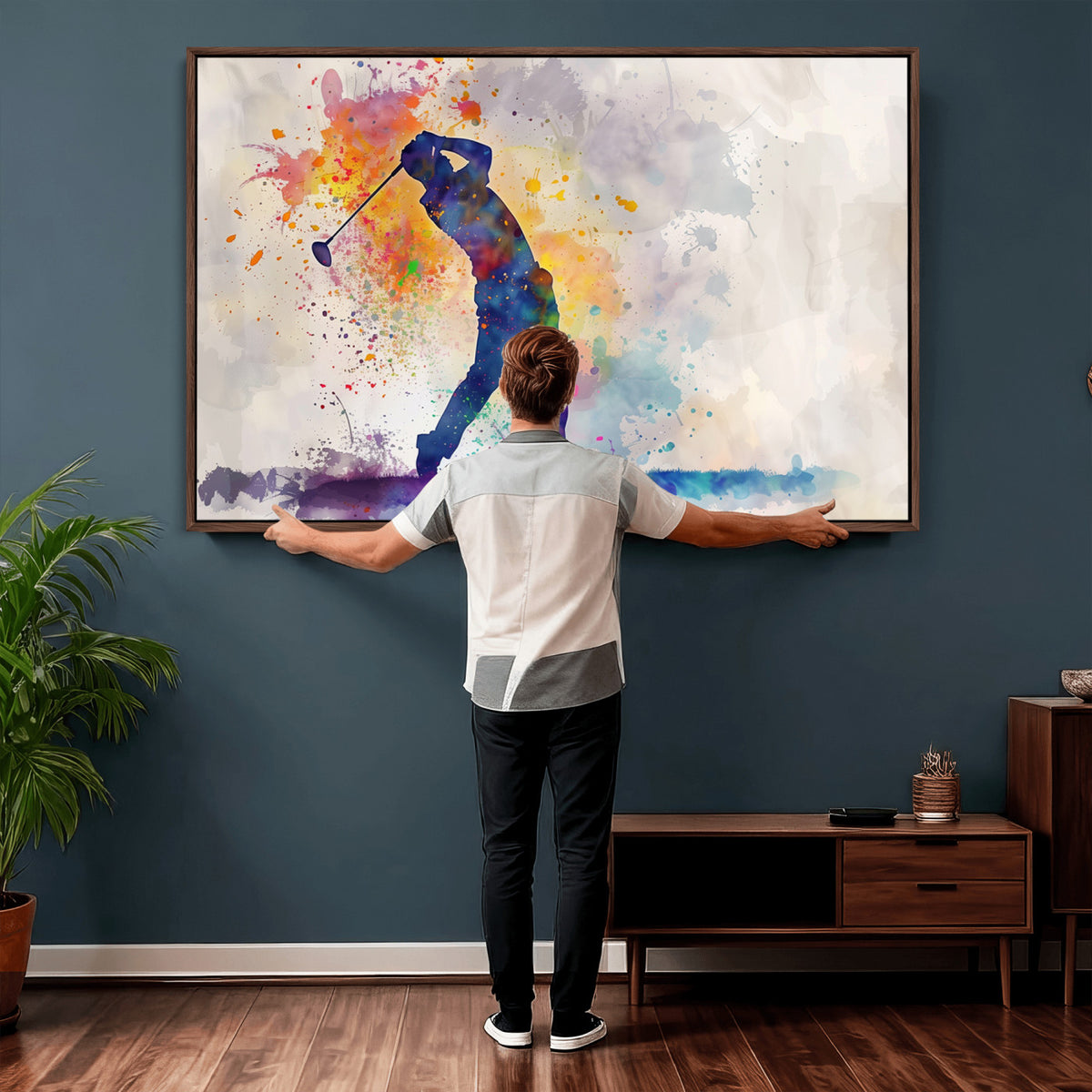 89625-MGV-CV-36X24 - Vibrant Watercolor Golf Swing Wall Art Canvas Print | Extra Large 3 Piece Canvas Wall Art