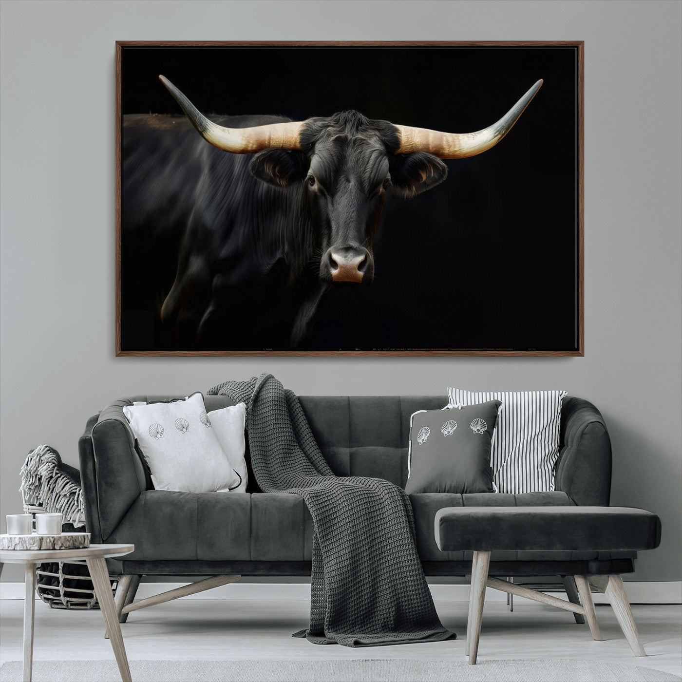 MGV-FC-36X24 - Texas Longhorn Cow | Majestic Black Bull Wall Art Canvas Print - Farmhouse Animal Decor - Ready to