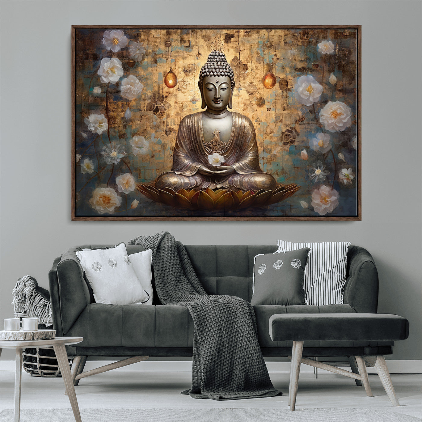 MGV-FC-36X24 - Golden Buddha Wall Art Canvas Print | Zen Meditation Floral Decor | Tranquil Spiritual Home Art |