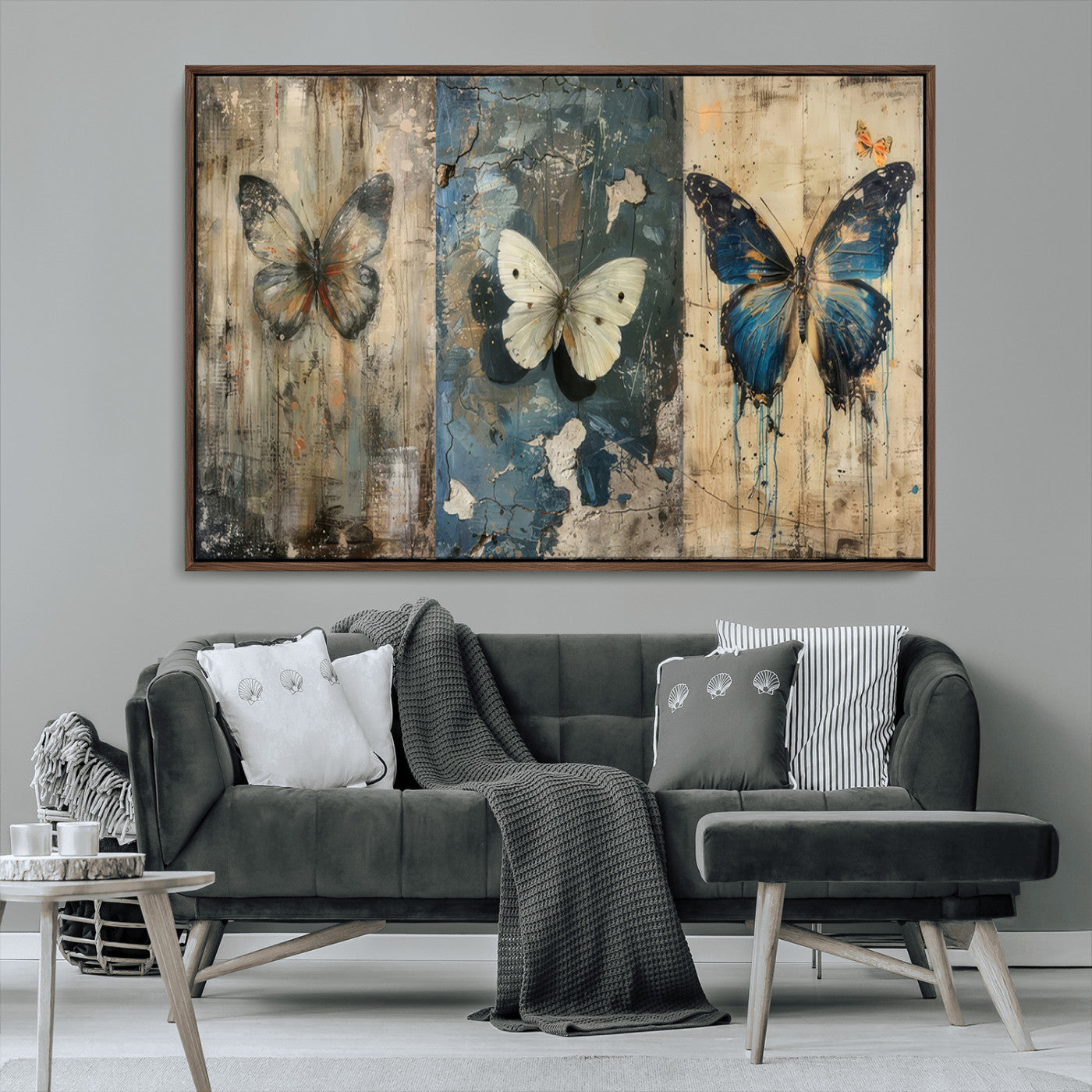MGV-FC-36X24 - Butterfly Wall Art Trio | Vintage Butterfly Canvas Print | Ready to Hang Framed Artwork for