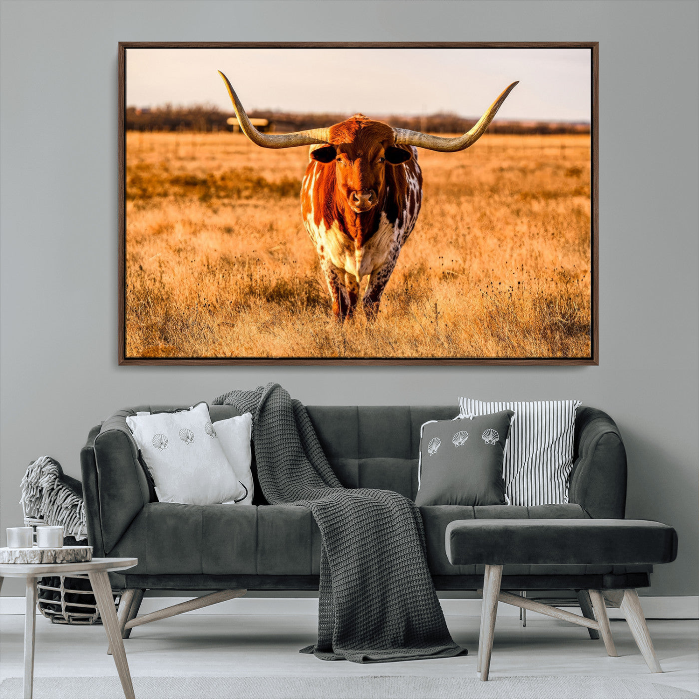 MGV-FC-36X24 - Longhorn Cow Wall Art | Ready to Hang Framed Canvas Print for Farmhouse and Barn Decor