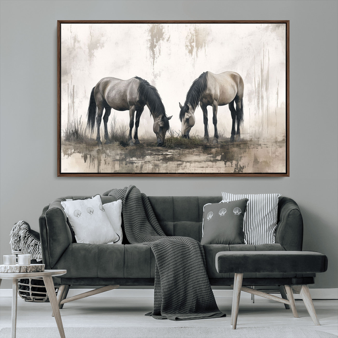 MGV-FC-36X24 - Chines Ink Style Vintage Horses Wall Art Canvas Print for Farmhouse Wall Decor