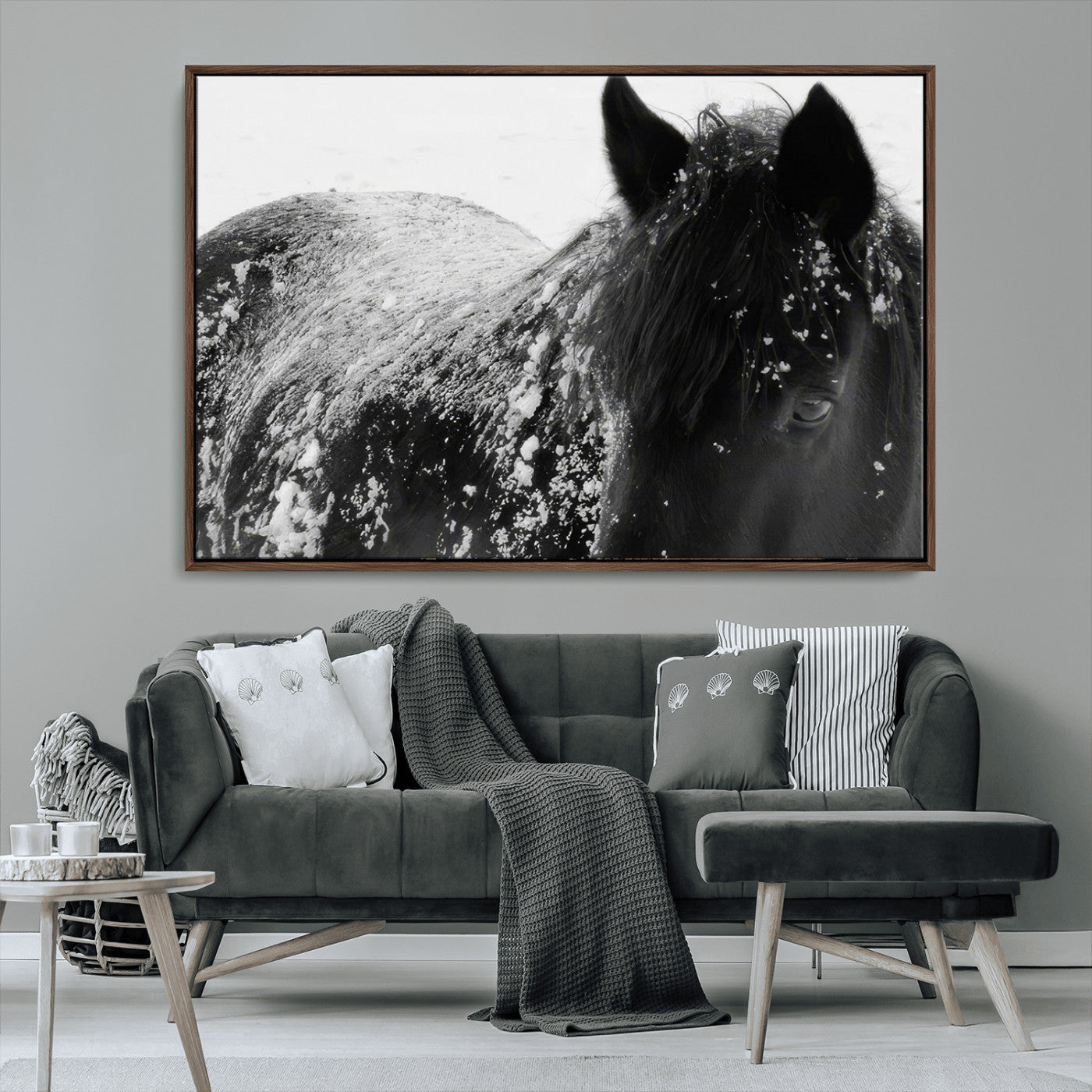 MGV-FC-36X24 - Black Horse in Snow Canvas Print | Winter Horse Wall Art | Ready to Hang and Framed | Farmhouse Wall