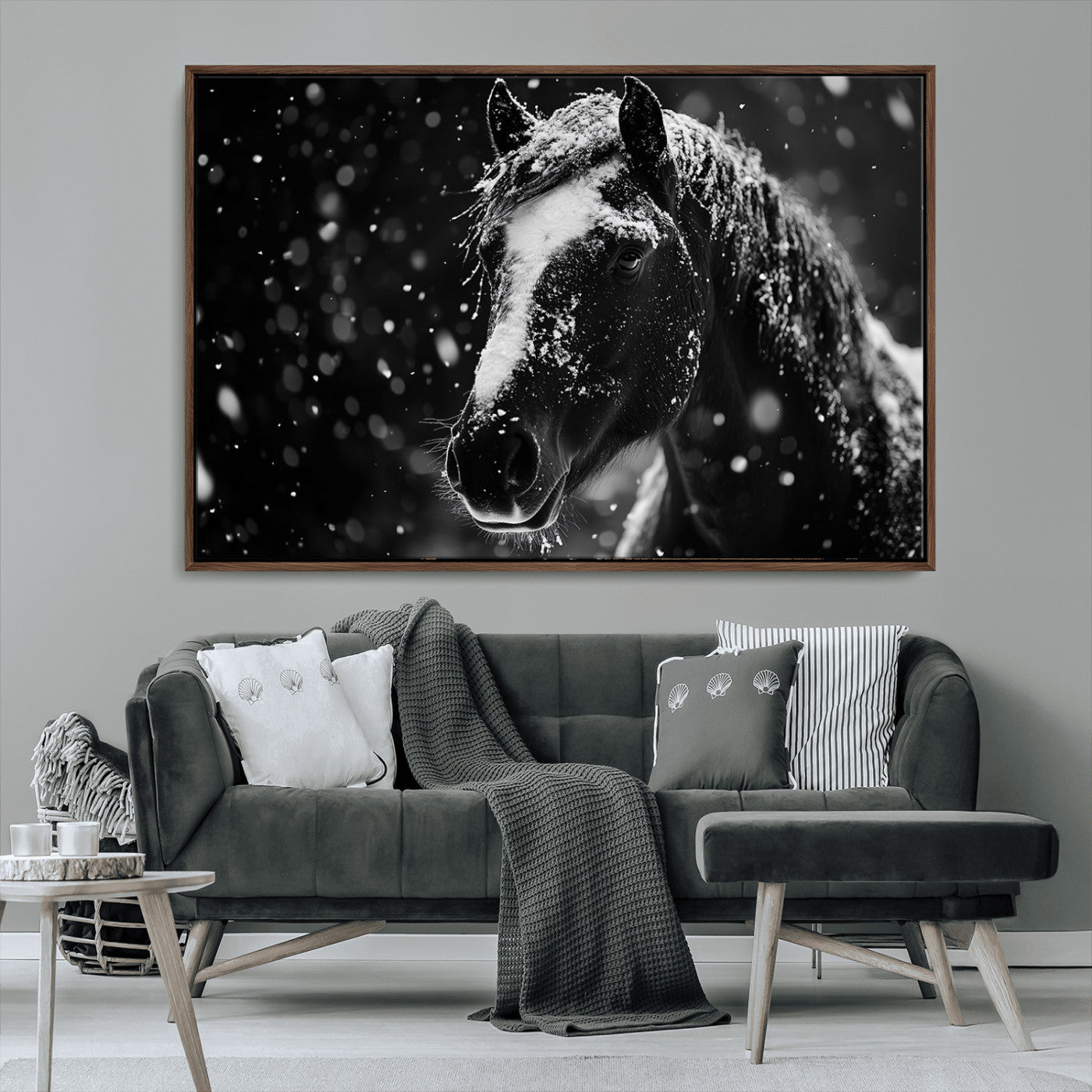 MGV-FC-36X24 - Winter Horse Wall Art | Black and White Horse Print | Ready to Hang and Framed | Farmhouse Wall Art