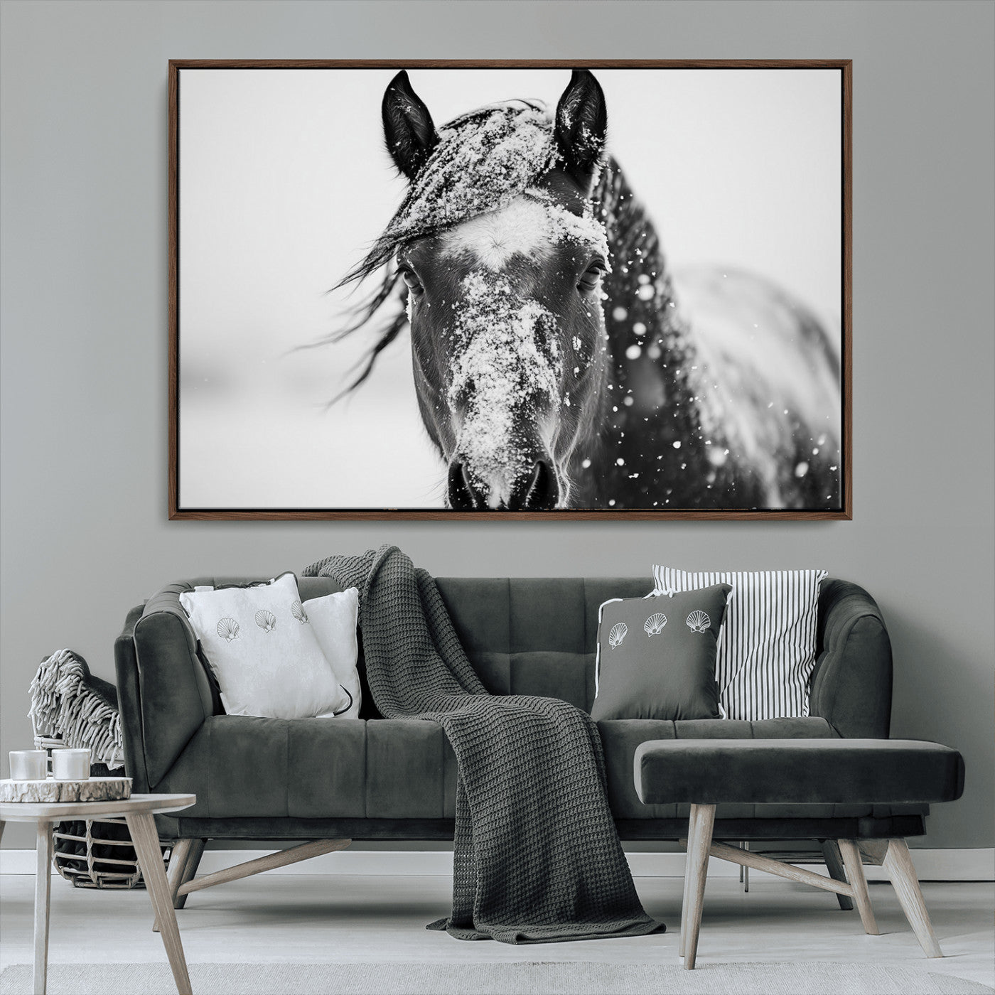 MGV-FC-36X24 - Western Wall Art | Black and White Winter Horse Wall Art | Ready to Hang and Framed | Farmhouse and