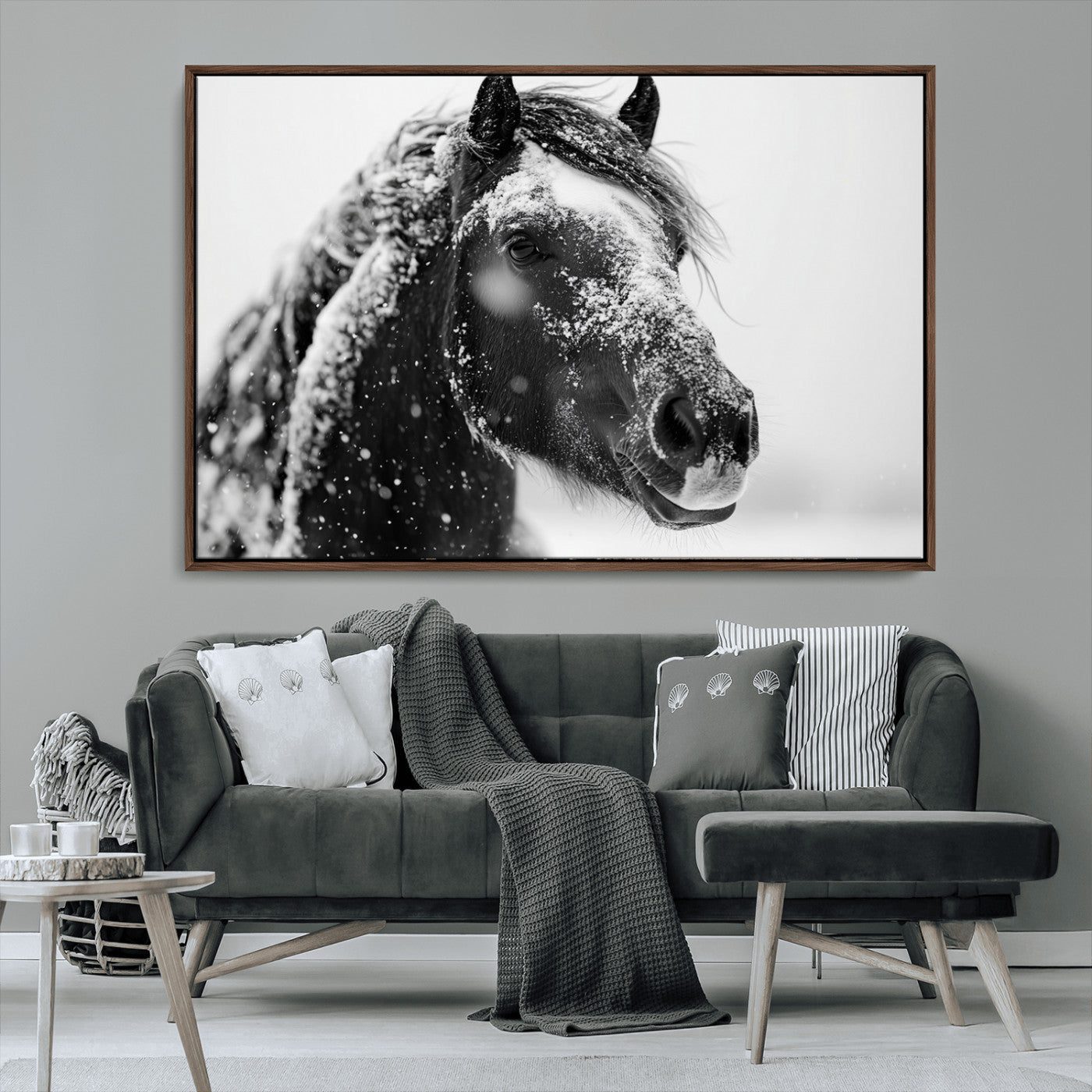 MGV-FC-36X24 - Winter Horse Canvas Print | Large 3-Panel Black White Equine Photography for Rustic Farmhouse Wall