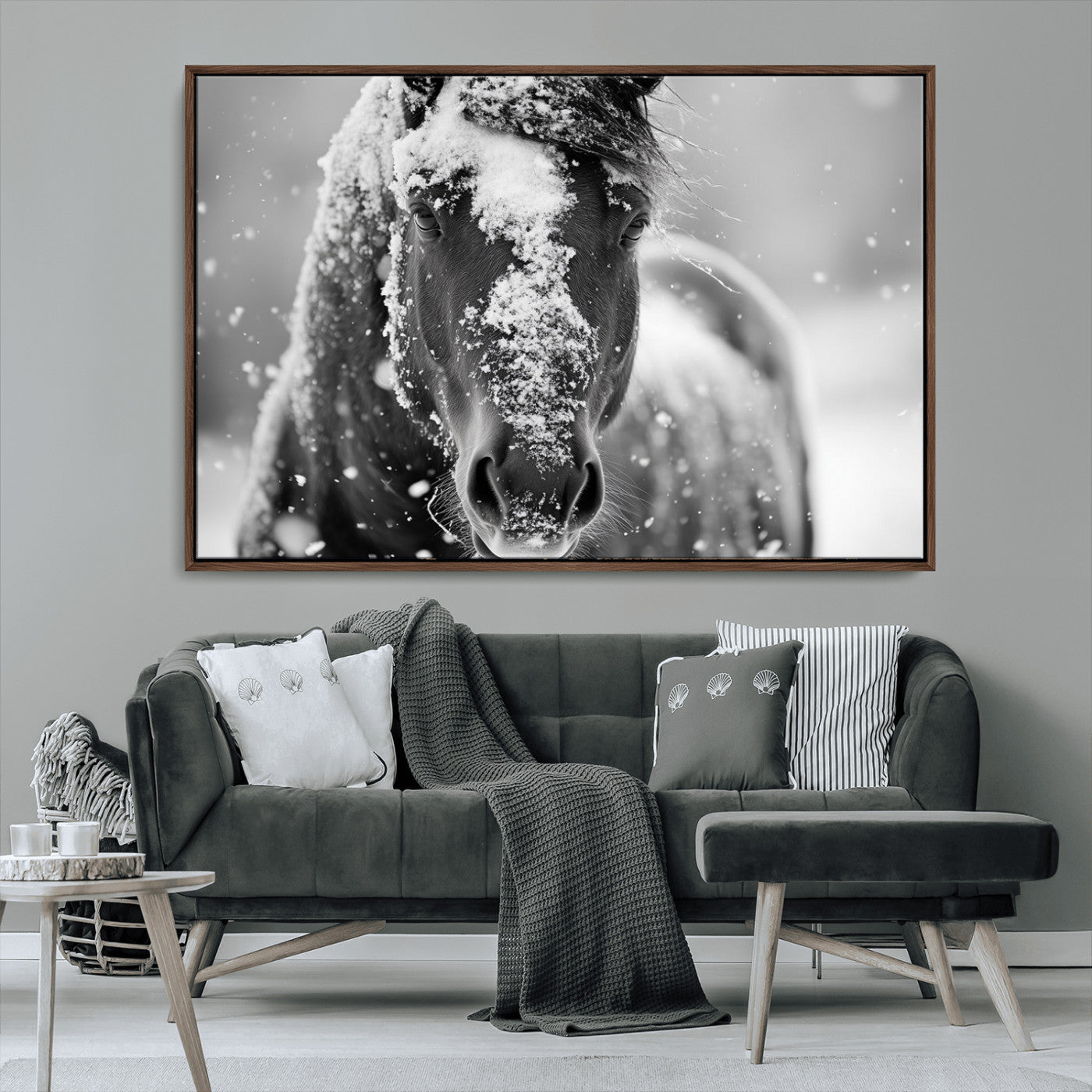 MGV-FC-36X24 - Black and White Horse Winter Wall Art | Ready to Hang and Framed | Farmhouse Wall Decor | Western