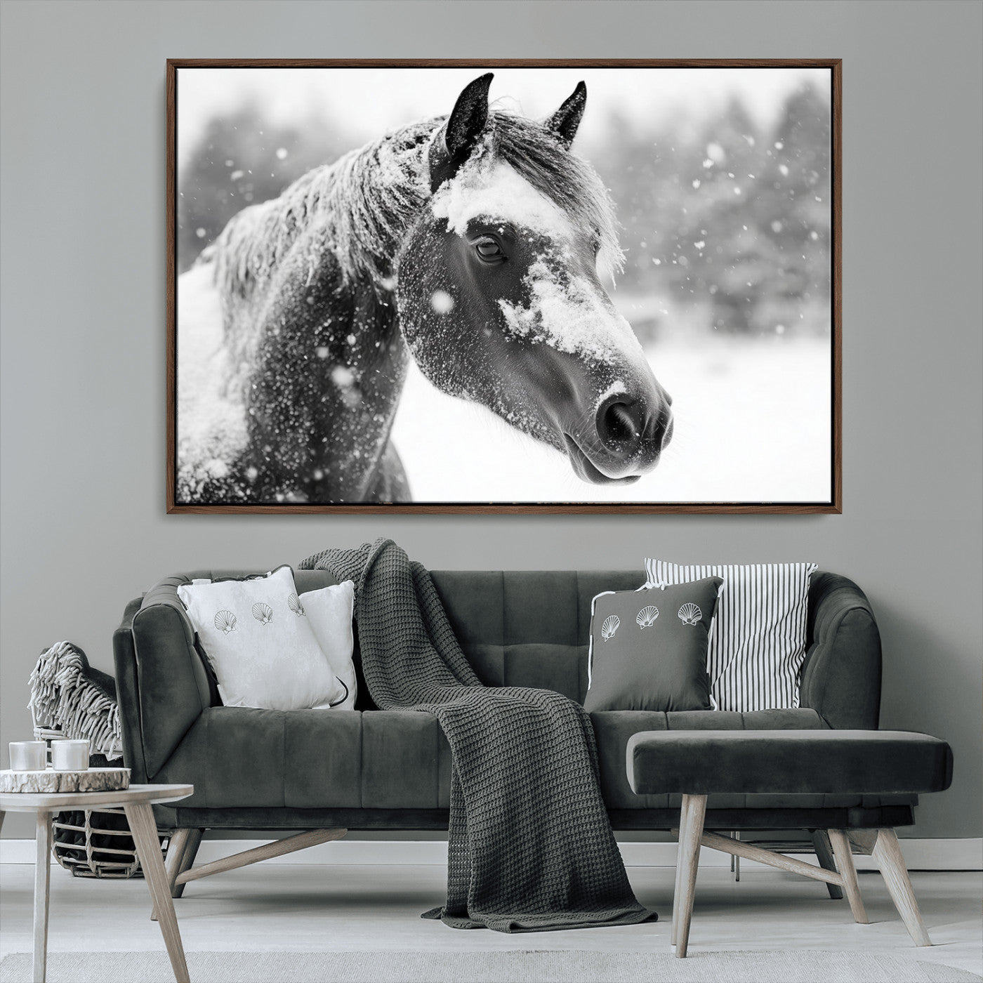MGV-FC-36X24 - Black Horse Winter Wall Art | Ready to Hang and Framed | Farmhouse and Western Wall Decor for Living