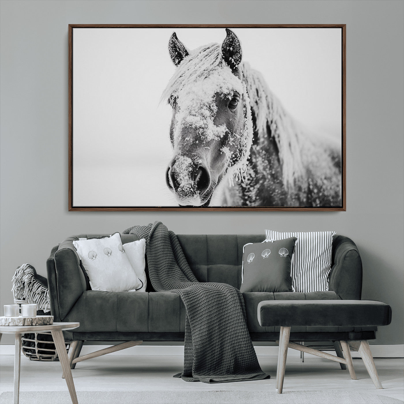 MGV-FC-36X24 - White Horse Wall Art | Ready to Hang and Framed | Winter Horse Wall Art Print for Farmhouse and