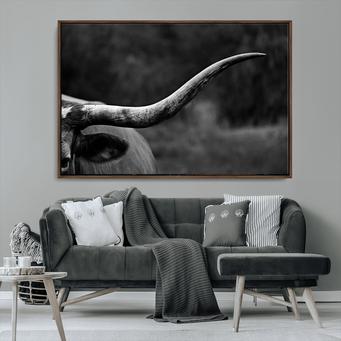 MGV-FC-36X24 - Cow Longhorn Wall Art | Black and White Print | Ready to Hang and Framed | Farmhouse Wall Decor |