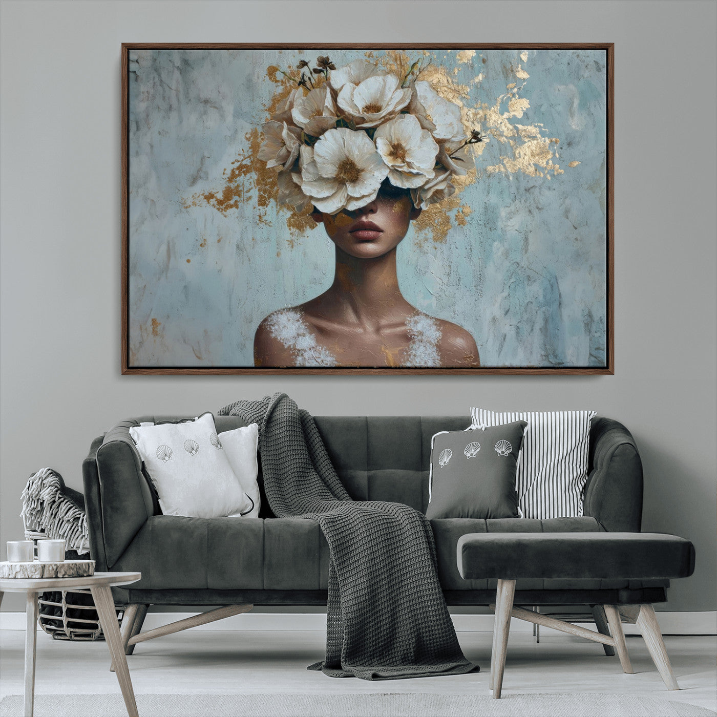 MGV-FC-36X24 - Golden Petal Wall Art - Petal Silhouette Woman Wall Art Canvas Print | Large 3-Panel Canvas with