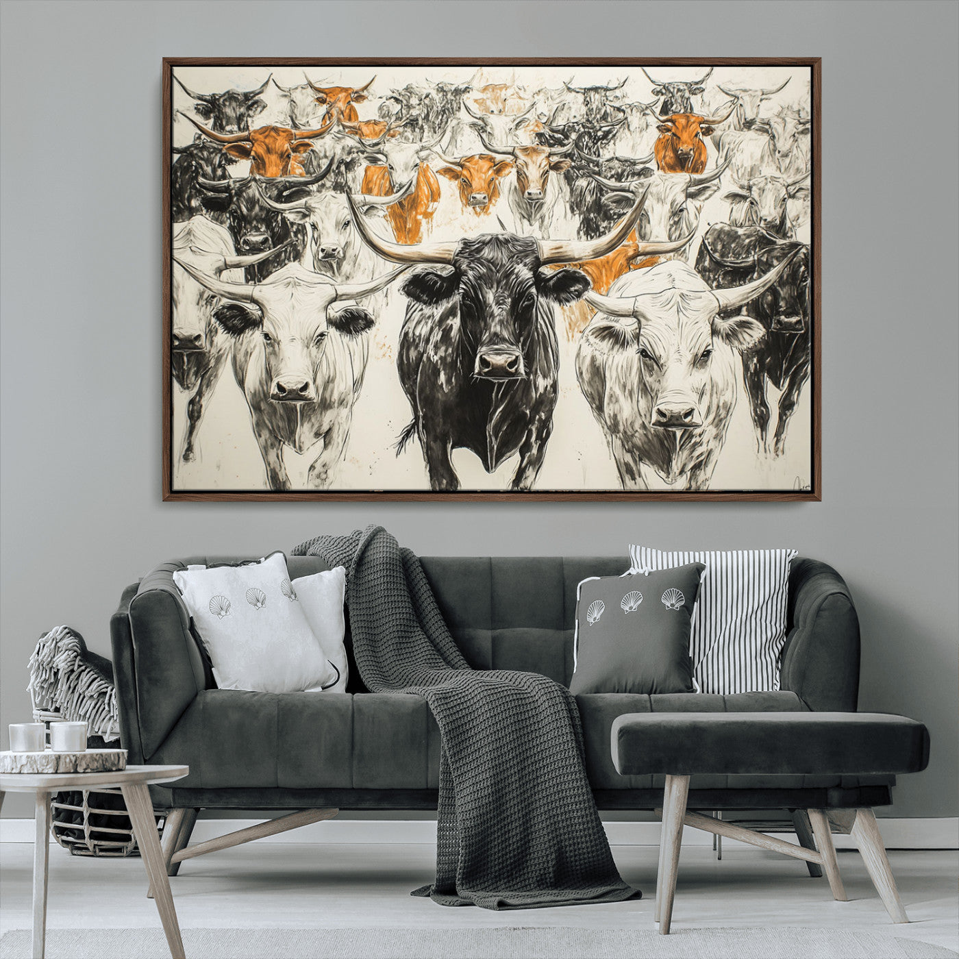 MGV-FC-36X24 - Texas Longhorn Wall Art - Herd Canvas Wall Art Print - Abstract Cow Drawing Wall Art Print for