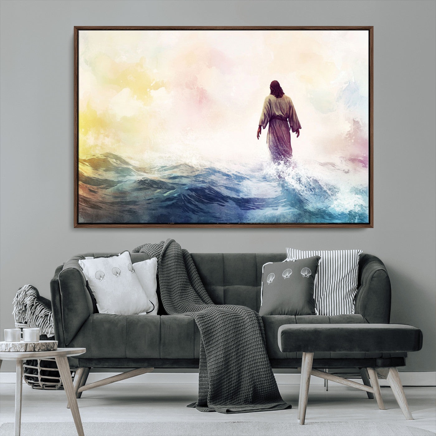 MGV-FC-36X24 - Watercolor Jesus Walking on Water Canvas Print, Christian Wall Art, Jesus Christ Walking
