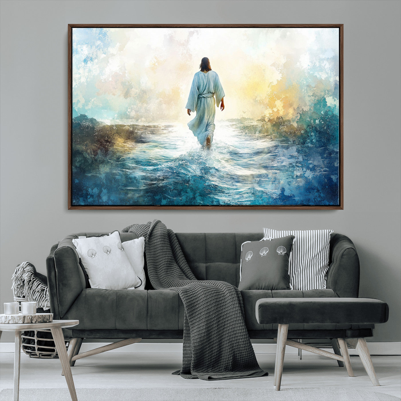 MGV-FC-36X24 - Watercolor Jesus Walking on Water Canvas Print, Christian Wall Art, Jesus Christ Walking