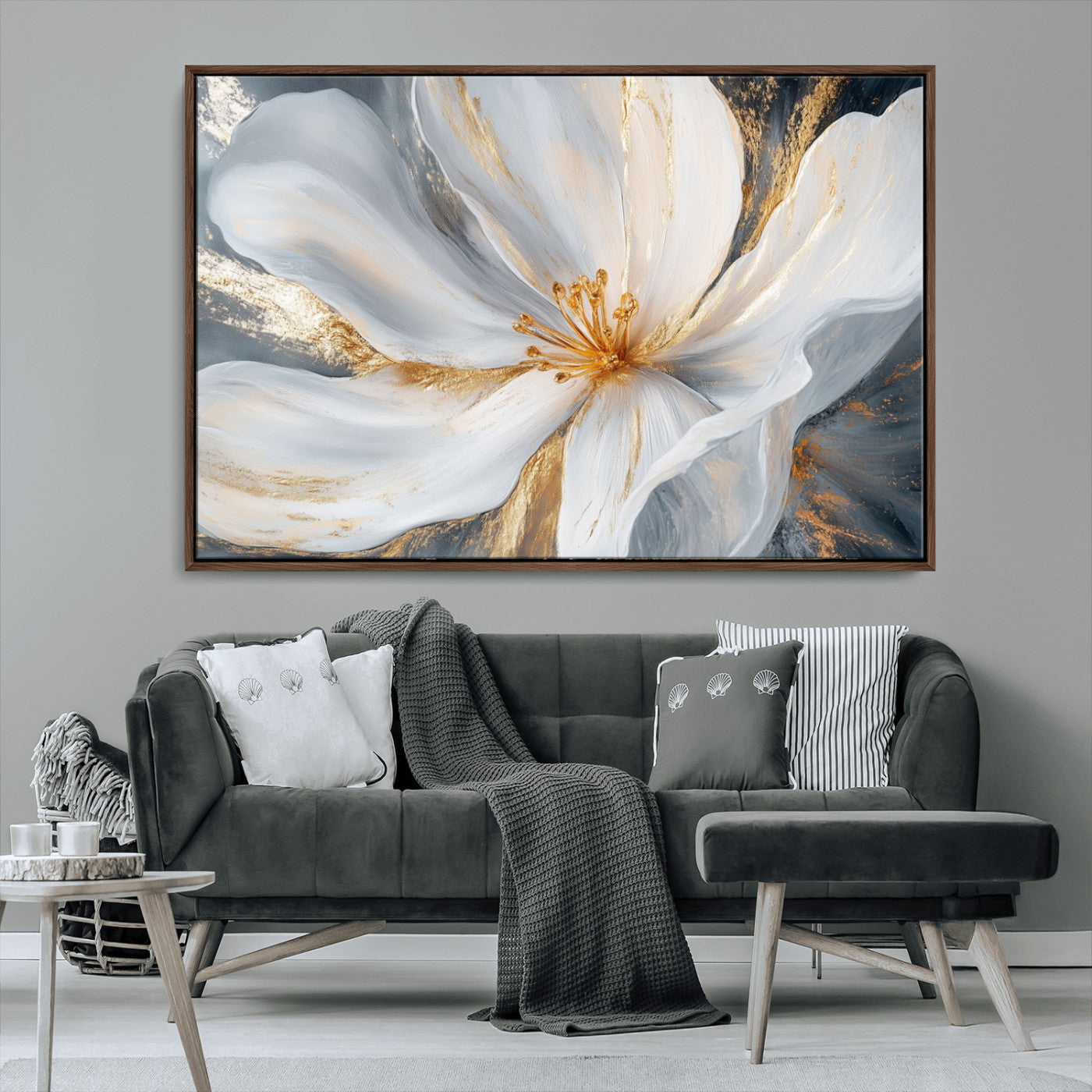 MGV-FC-36X24 - White and Gold Floral Canvas Wall Art - Framed and Ready to Hang - Perfect for Modern Living Rooms