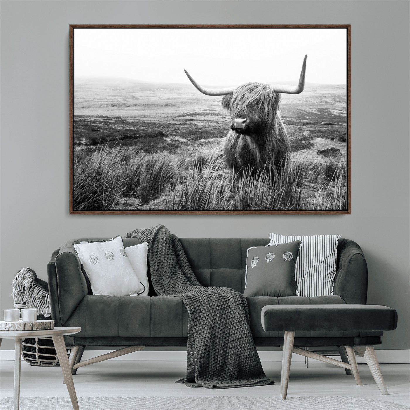 MGV-FC-36X24 - Scottish Highland Cow Wall Art | Black and White Canvas Print | Ready to Hang and Framed | Rustic