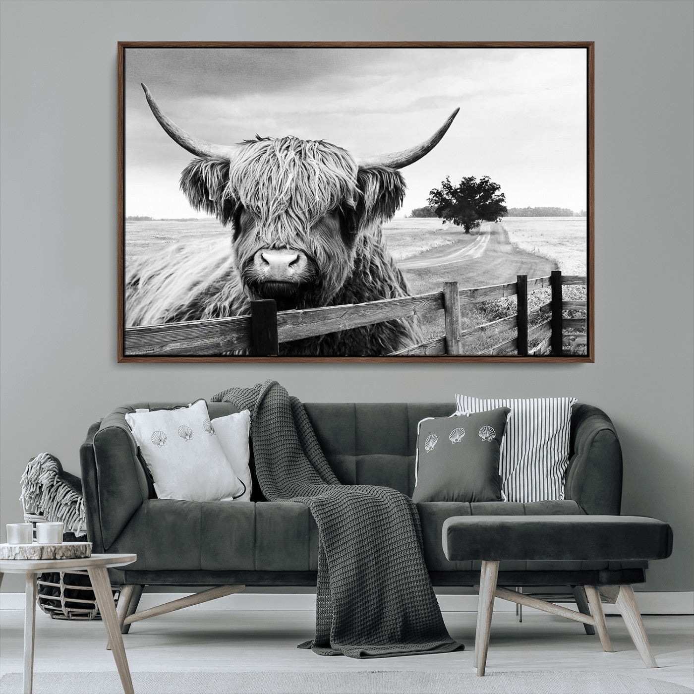 MGV-FC-36X24 - Scottish Highland Cow Wall Art | Rustic Farmhouse Décor | Black and White Ready to Hang Canvas Print